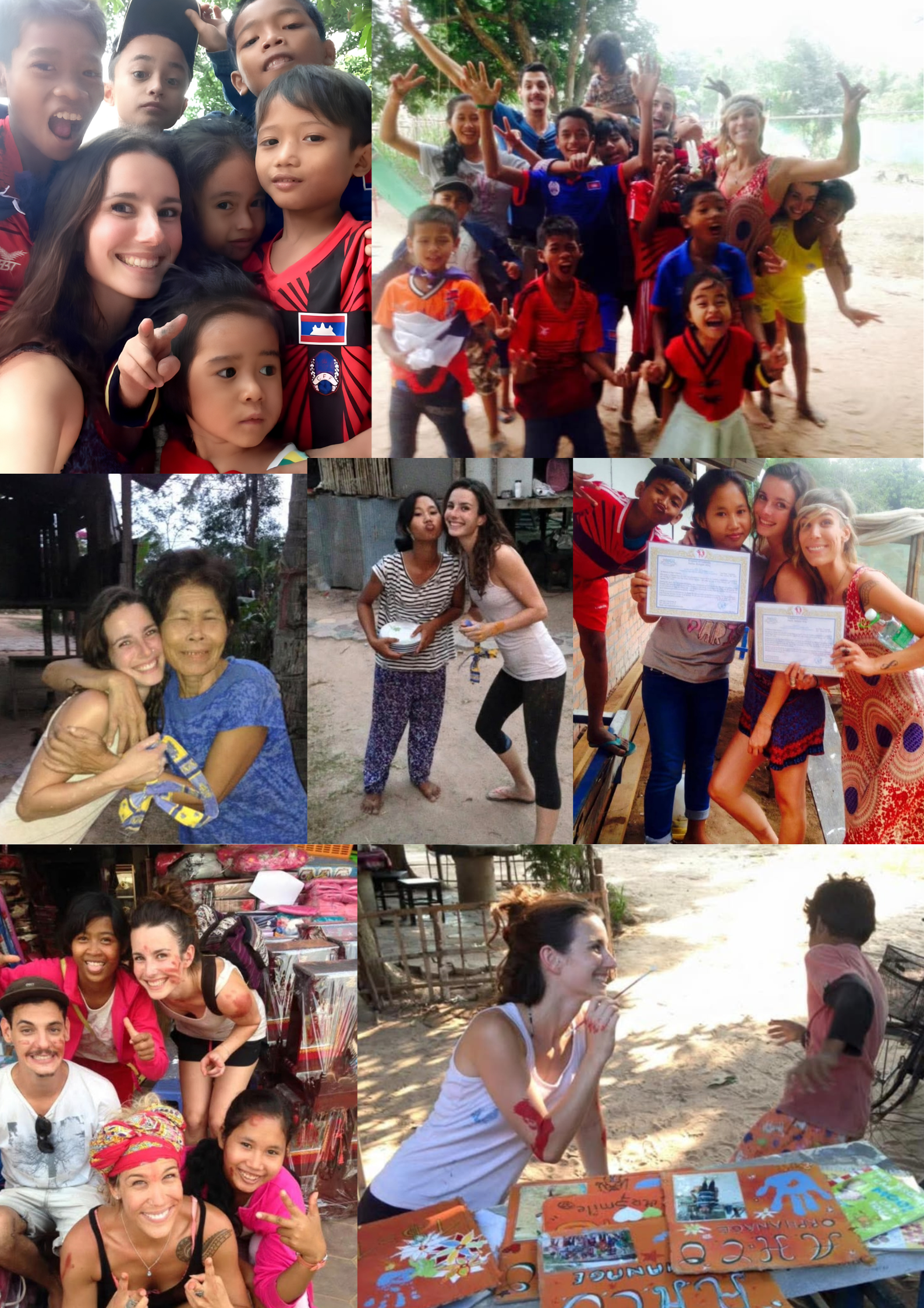 Collage de plusieurs photos montrant des groupes d'enfants et d'adultes dans différents environnements. Certaines personnes posent pour des photos, d'autres jouent ou participent à des activités extérieures, en particulier dans des villages ou des zones rurales. Il y a aussi des échanges et des présentations, avec des enfants et des adultes souriants et heureux.