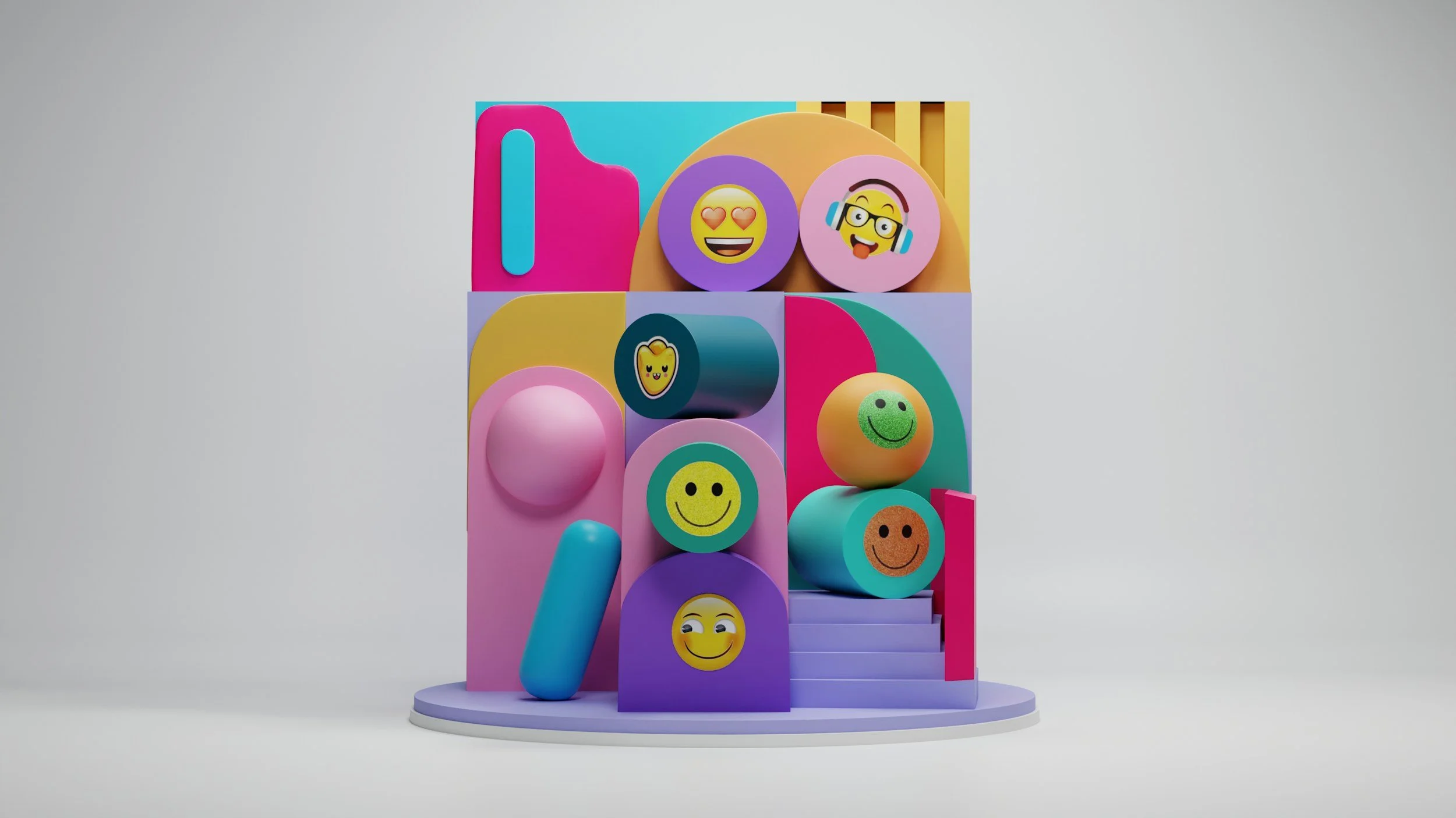 Colorful 3D sculpture of geometric shapes with different emoji faces, representing the Internal Family Systems (IFS) parts model in therapy in Washington, DC