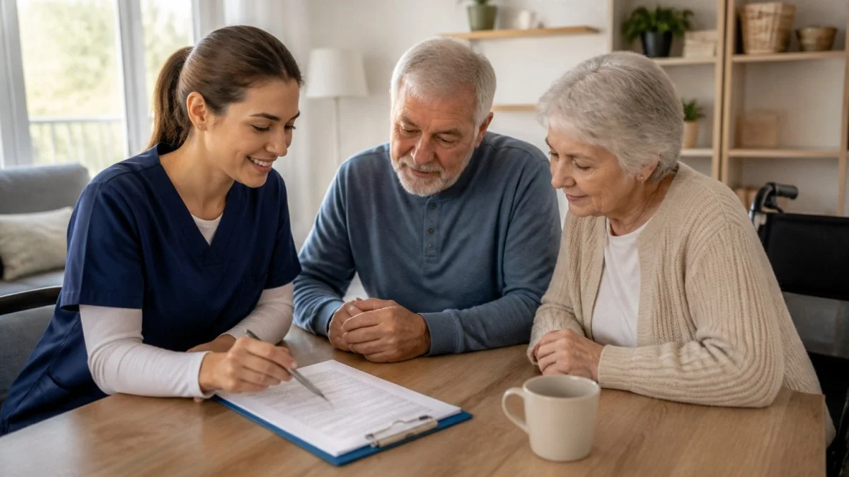 A caregiver discussing documents with an elderly man and woman at a wooden table in a bright room, with a coffee mug nearby.