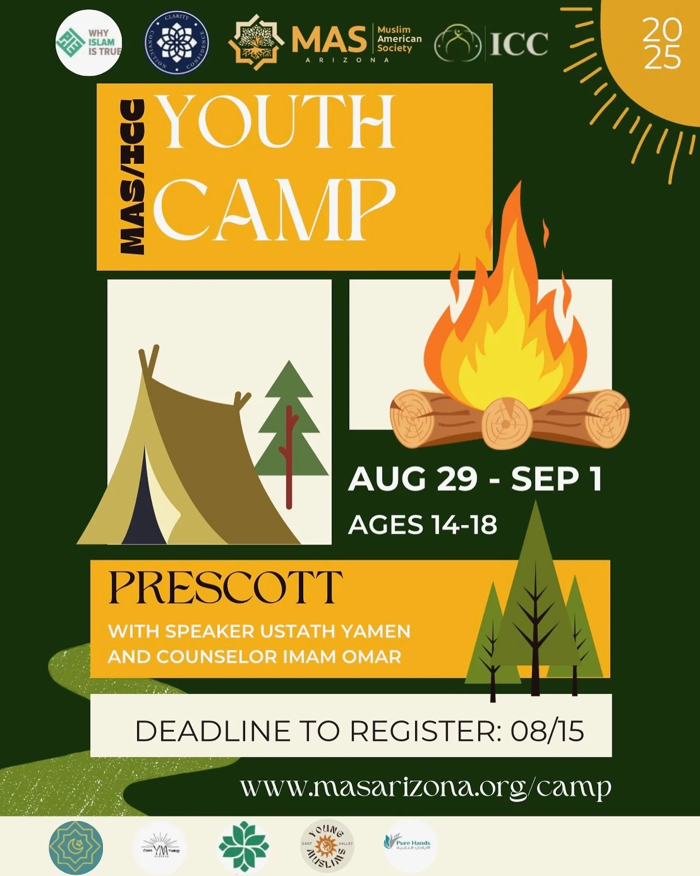 🌳 Youth Camp 2025 &ndash; Registration Now Open! ☀️ A powerful weekend for ages 14&ndash;18, packed with fun, faith, and friendship.
📅 August 29 &ndash; September 1, 2025 📍 Prescott, AZ 🔥 A collab between ICC and MAS
🎤 Featuring: Ustadh Yamen &n