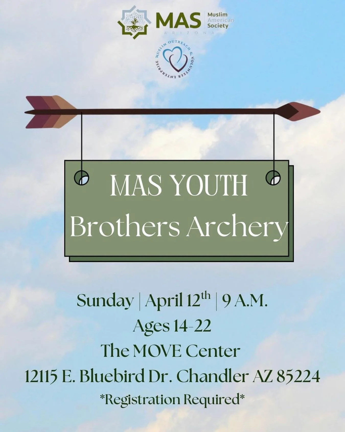 ☀️Before it gets too hot, come through this Sunday morning to practice the Sunnahs of Archery and Brotherhood.

🗓️ April 12th @ 9 a.m.
📍12115 E. Bluebird Dr. Chandler AZ 85224
🎯 For Brothers Ages 14-22

Make sure you register here: https://forms.g