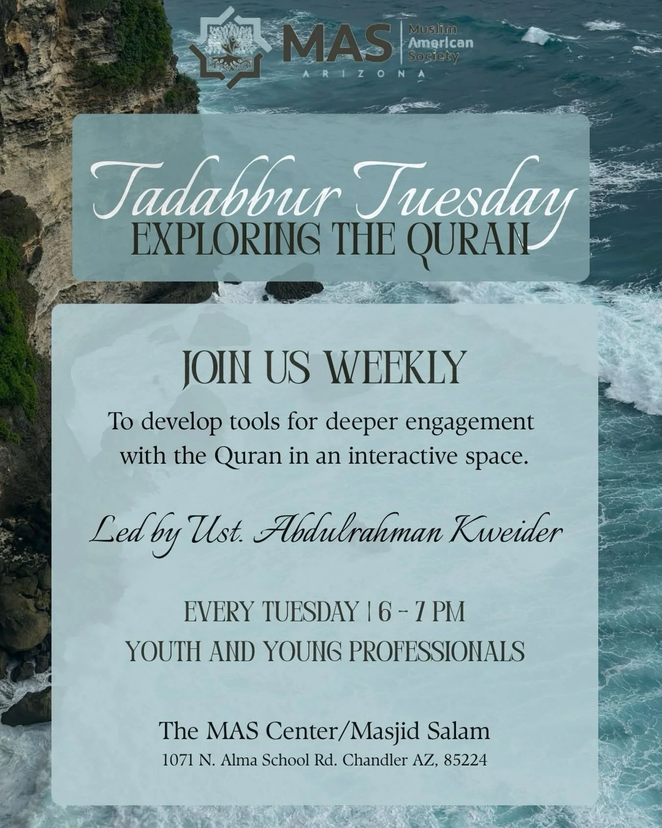 📖Tadabbur Tuesdays: Exploring the Quran 

- Develop tools and habits to cultivate a deeper connection with the Quran.
- Engage directly with the Book of Allah, seeking its transformative potential. 
- Individual reflection and group discussions, a f
