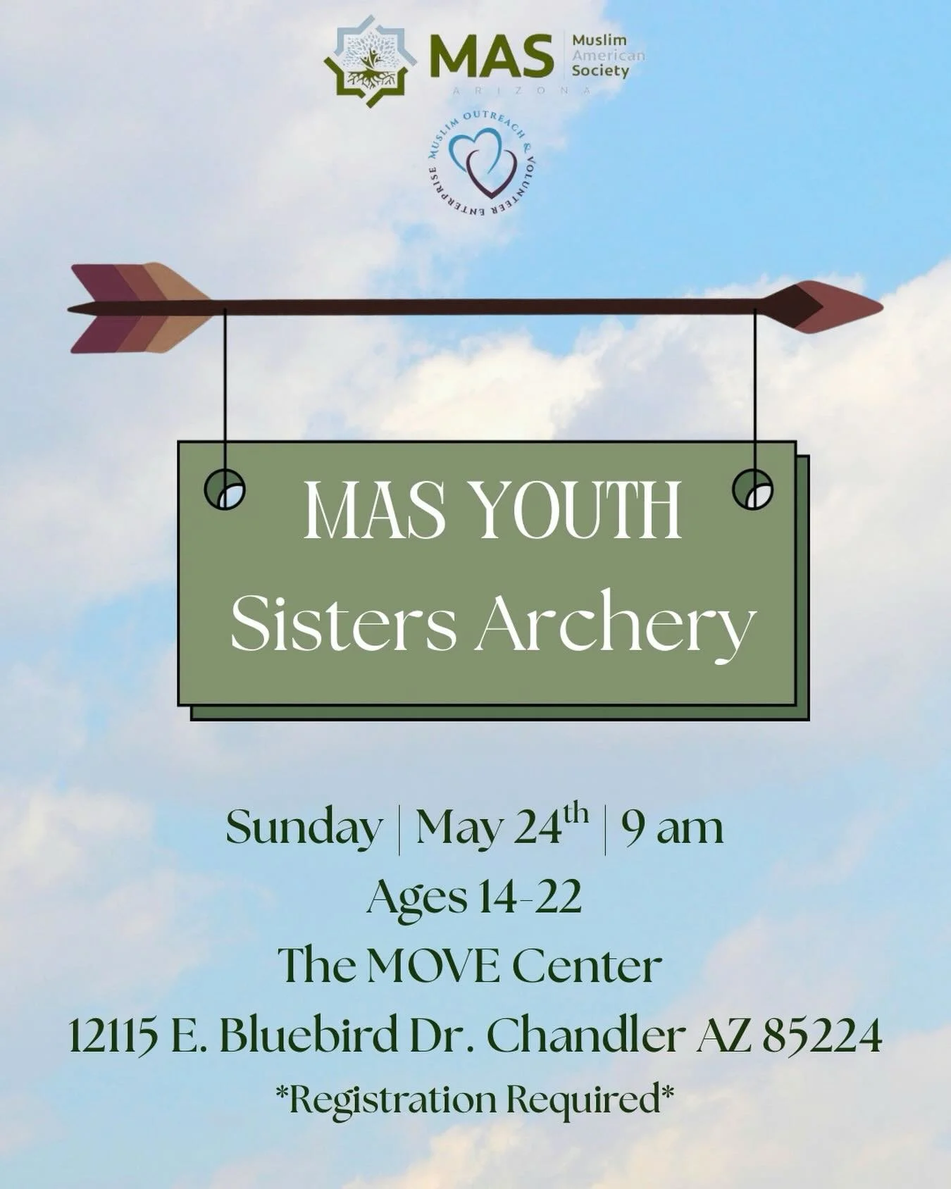 Join us for a fun Sunday morning in practicing the Sunnah of Archery! 🎯 This is a sisters only event and registration is required. 
🗓️May 24th
⌚️9 am
📍The Move Center
Registration🔗 
https://forms.gle/Hi5M87YdKMjotpb16