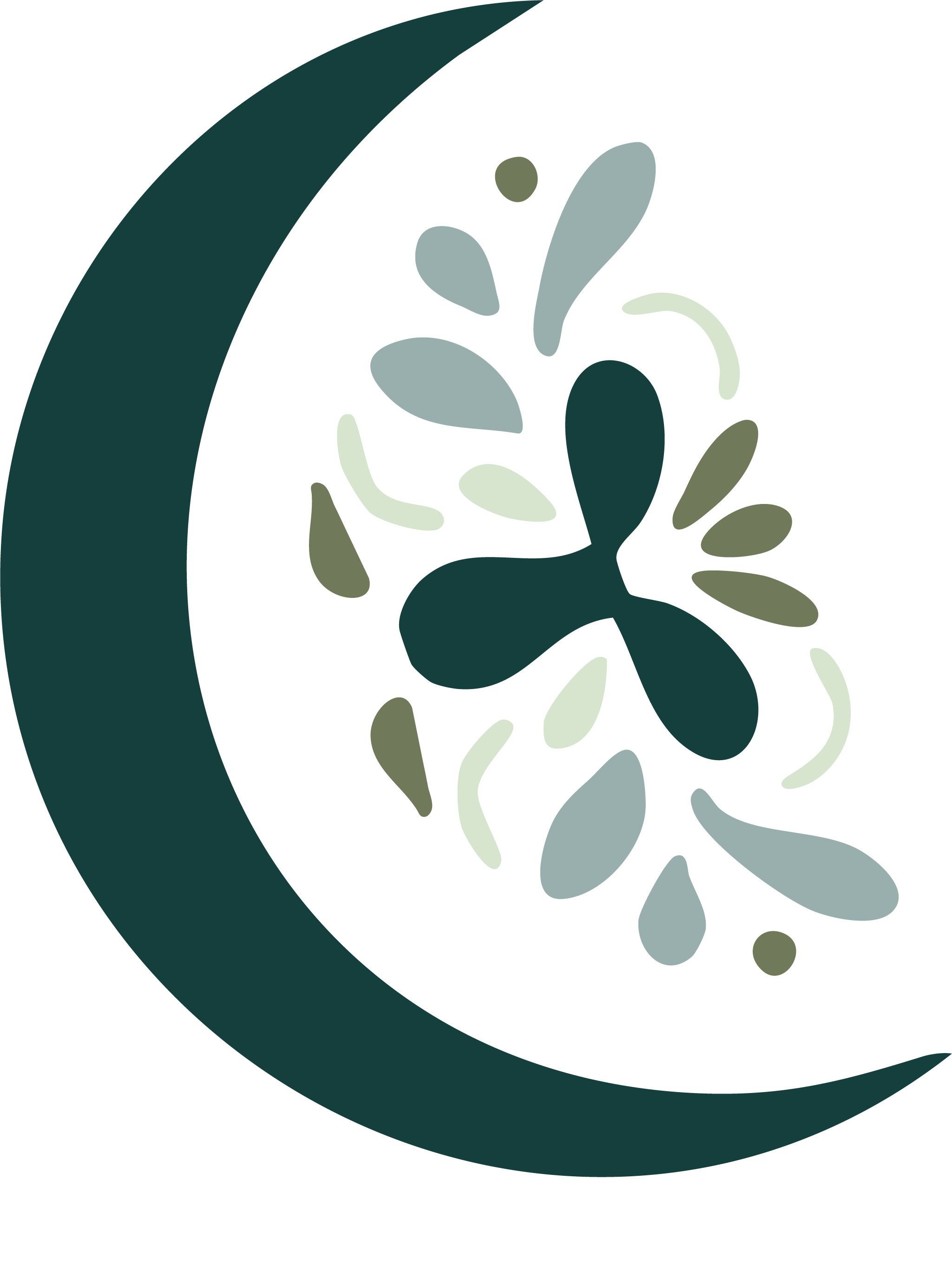 A stylized crescent moon with a butterfly and plant motifs inside it, in muted green, blue, and cream colors.