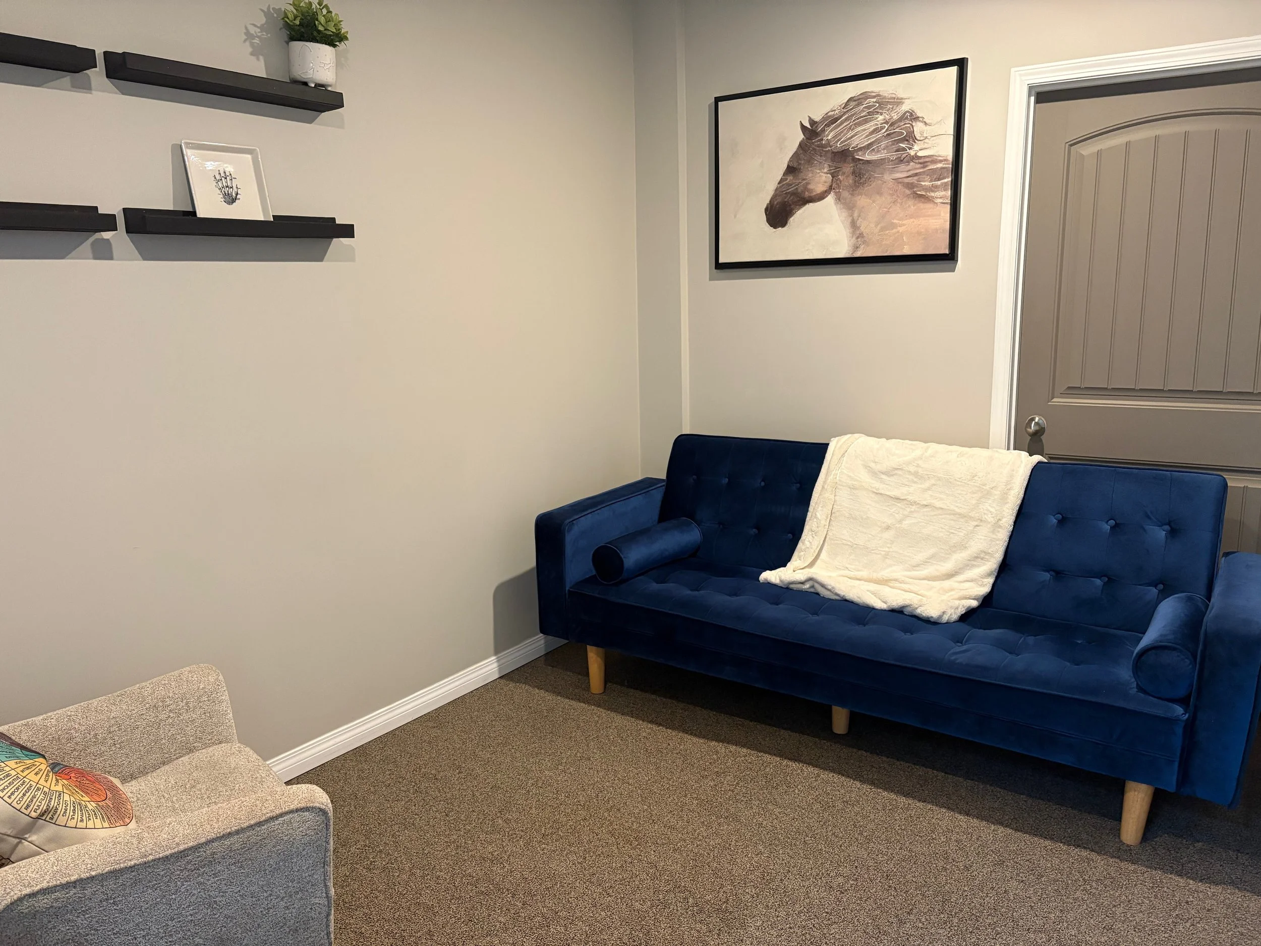 Living room with a navy blue sofa, a framed horse artwork on the wall, a beige chair with a decorative pillow, and floating black shelves with a plant and a framed handprint art.