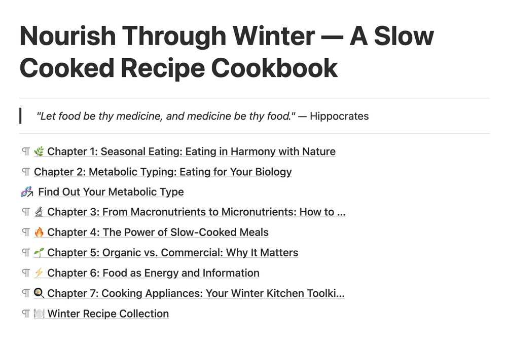 Table of contents from Nourish Through Winter