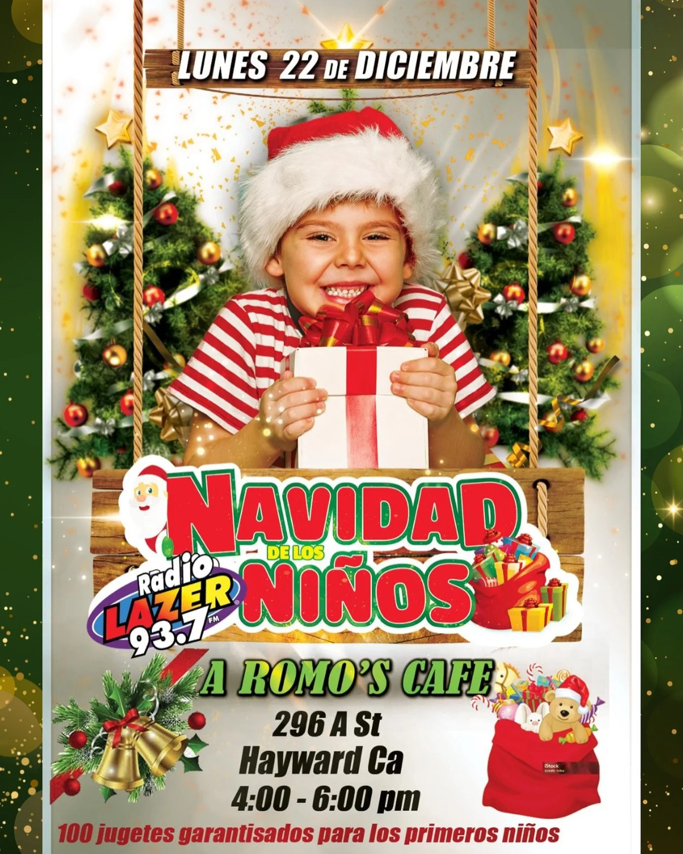 ✨ A Romo&rsquo;s Caf&eacute; y Radio L&aacute;ser 93.7 te invitan a Navidad de los Ni&ntilde;os este lunes 22 de diciembre, de 4&ndash;6 PM.

100 juguetes garantizados para los primeros ni&ntilde;os, as&iacute; que llega temprano.

Ven con tus hijos,