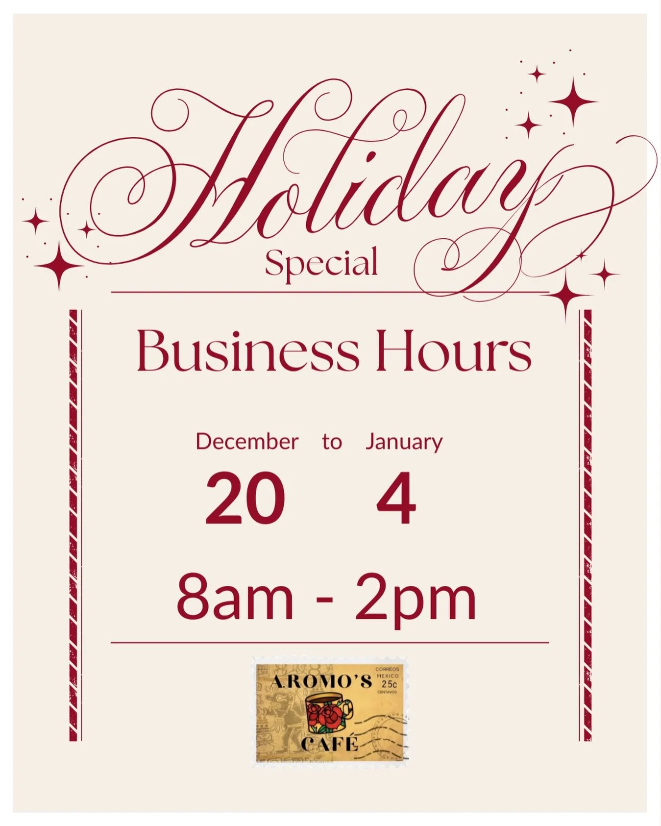Holiday hours are here at A Romo&rsquo;s Cafe. From December 20 through January 4, we&rsquo;ll be open from 8:00 AM to 2:00 PM.

📌 Please note: We will be closed on December 25.

Stop by for your favorite coffee, breakfast, and seasonal bites during