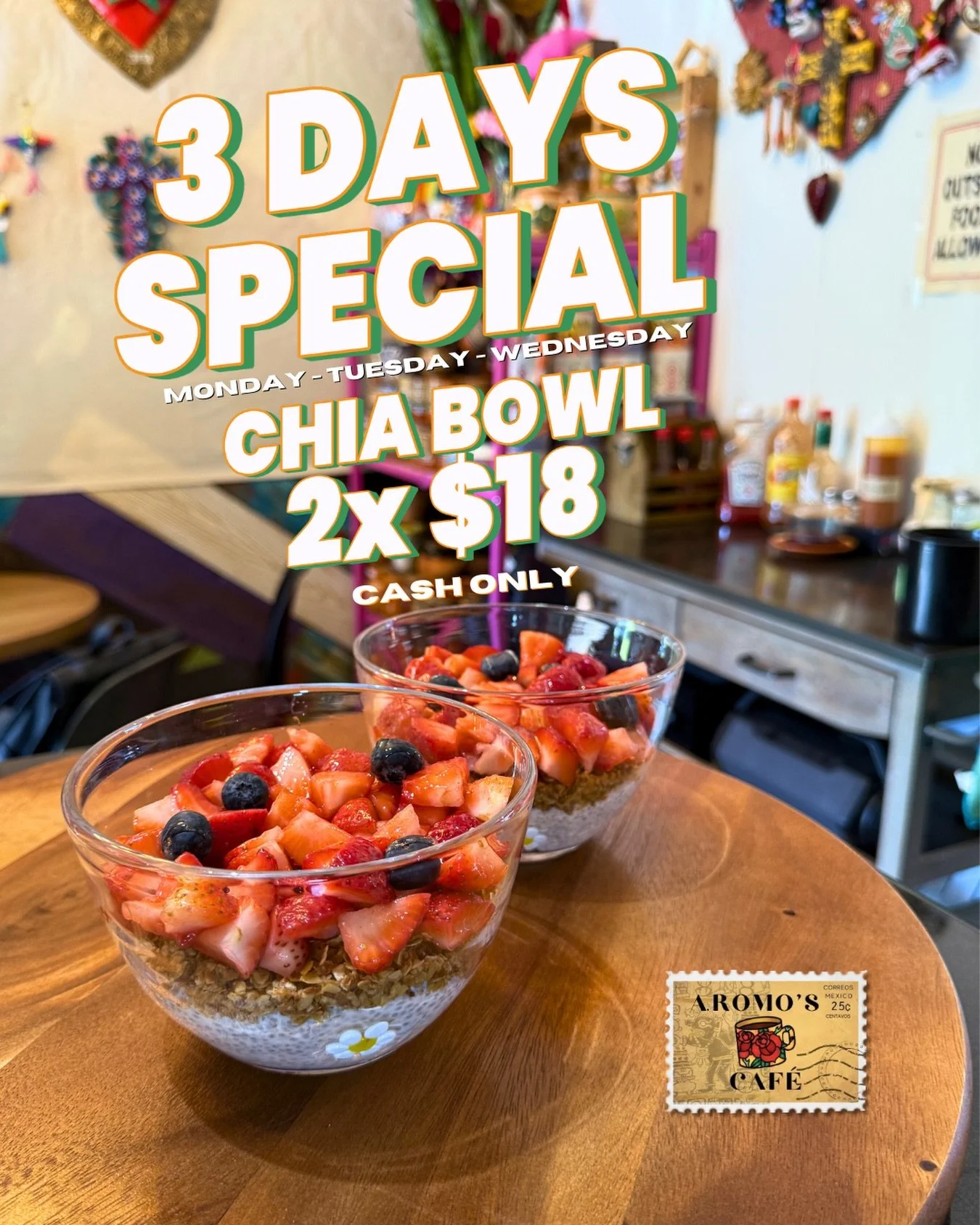 🥥✨ 3 d&iacute;as para aprovechar este especial healthy que todos aman.

Este Lunes 9, Martes 10 y Mi&eacute;rcoles 11 disfruta nuestro especial:
2 Chia Bowls por solo $18 🤍

Perfectos para empezar el d&iacute;a con algo fresco, nutritivo y delicios