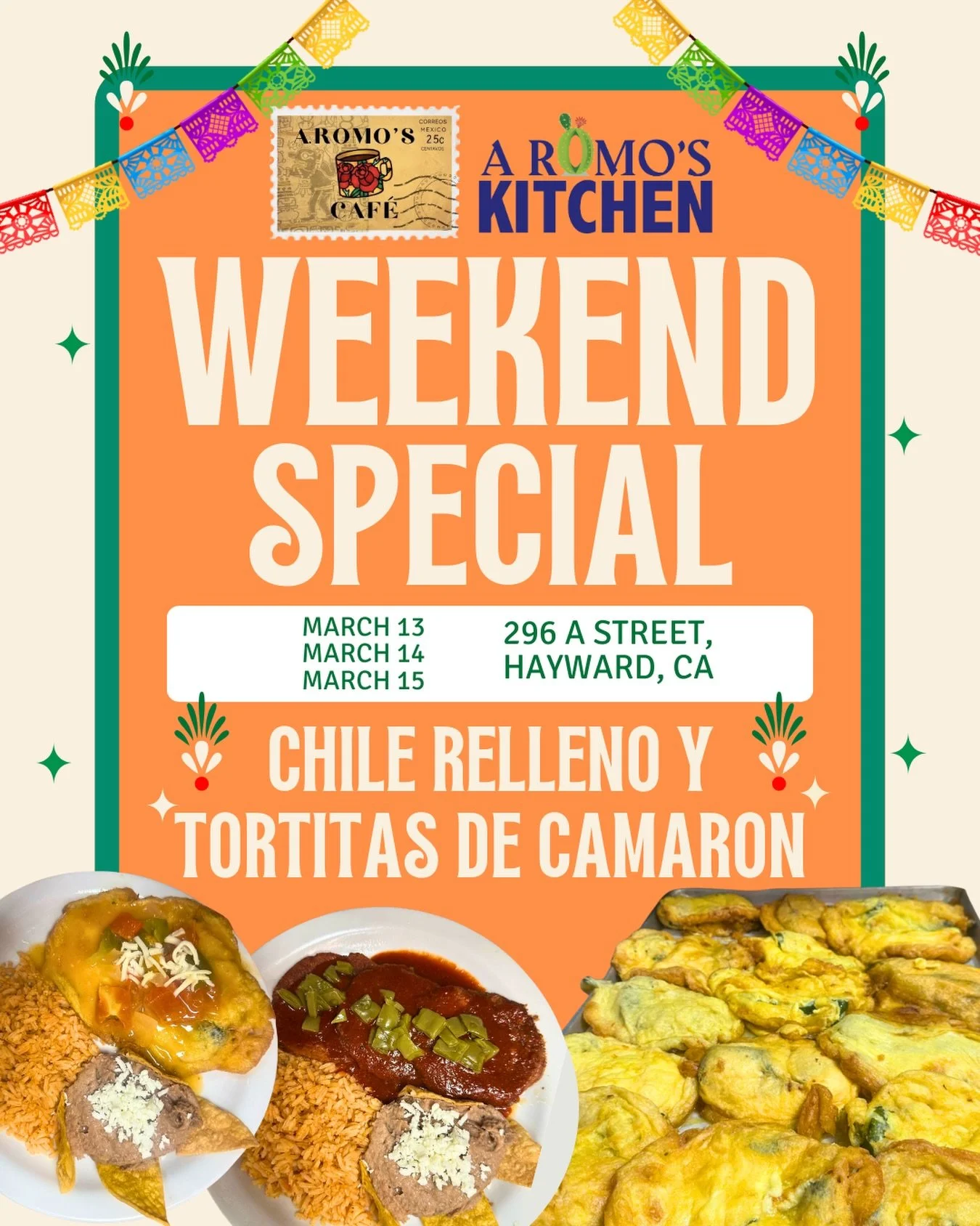 🌶️🍤 Platillos que saben a tradici&oacute;n.

Este fin de semana disfruta Chiles Rellenos y Tortitas de Camar&oacute;n reci&eacute;n hechos, uno de los especiales m&aacute;s pedidos en A Romo&rsquo;s Cafe y A Romo&rsquo;s Kitchen.

📅 Especial dispo