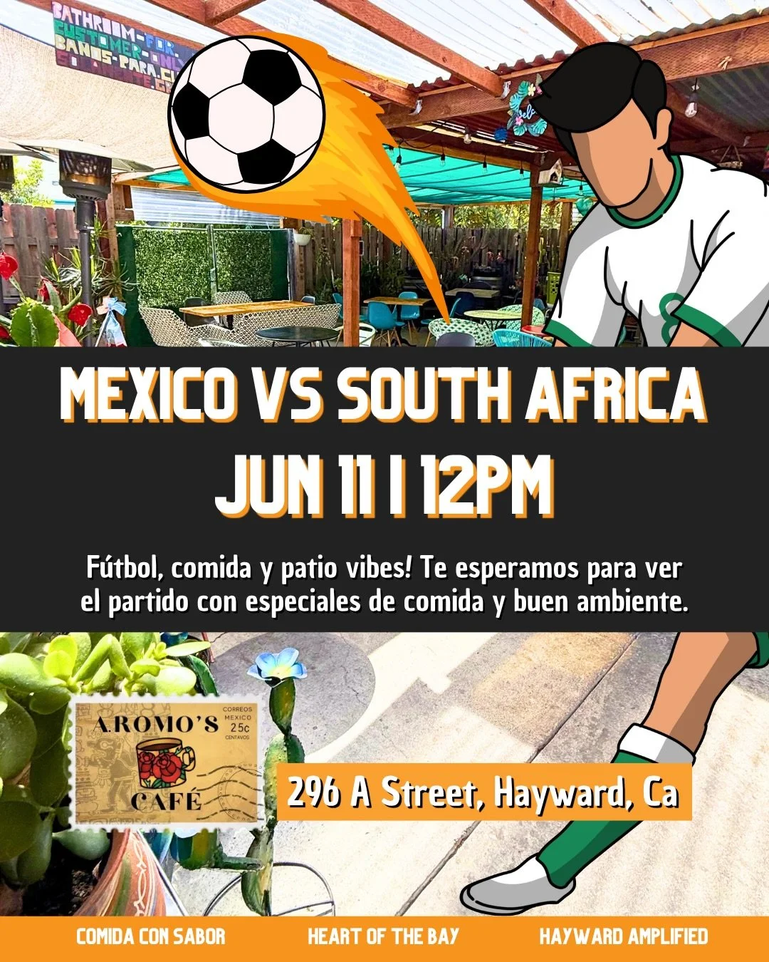 El partido se vive mejor en el patio de A Romo&rsquo;s Caf&eacute;!

Este June 11 a las 12 PM te esperamos para disfrutar el juego con buen ambiente, comida especial y toda la vibra de Game Day en Hayward.

Ven con tu familia, tus amigos o tu jersey 