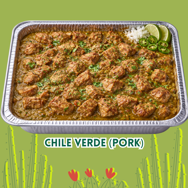 A tray of Chile Verde pork, showing chunks of pork in green sauce, garnished with cilantro, lime wedges, sliced jalapeños, and a side of rice.