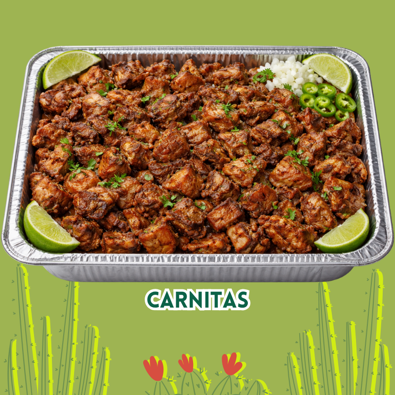 A tray of cooked carnitas garnished with chopped cilantro, lime wedges, sliced jalapeños, and chopped onions.