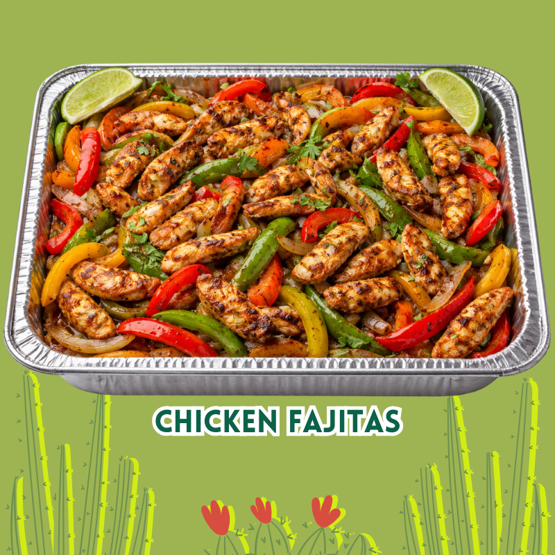 Tray of cooked chicken fajitas with sautéed peppers, onions, lime wedges, and cilantro.