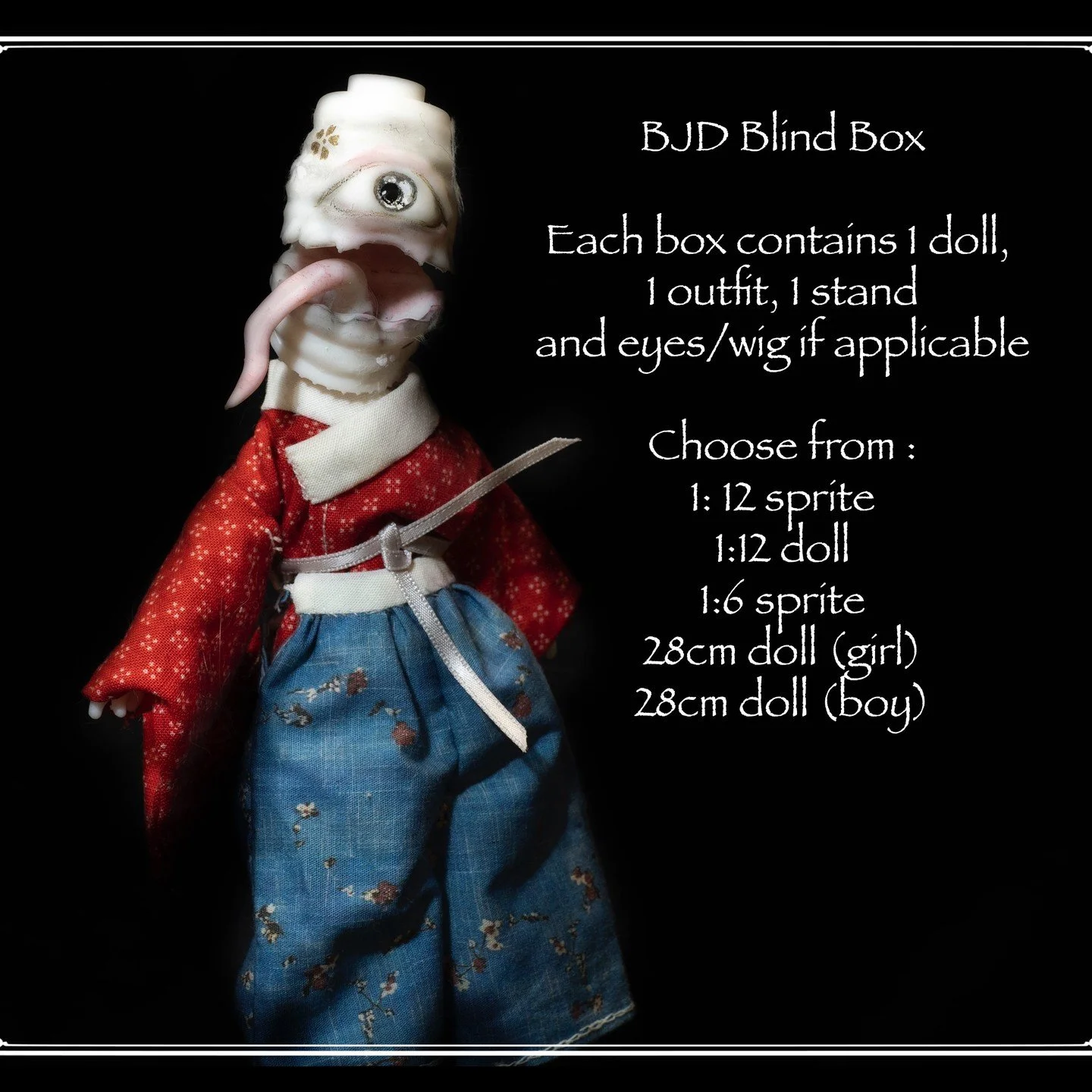 We're finally reopened with our blind box offering. We're trying to clear out space for a bunch of new sculpts coming soon. Each box contains a doll, outfit, stand, and eyes/wig (if applicable). They also ship free! Please check out our Etsy shop for