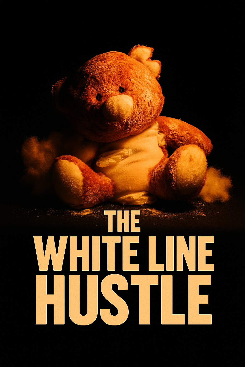 A worn teddy bear sitting amidst dust or powder, illuminated in low, warm lighting against a dark background, with the text 'The White Line Hustle' at the bottom.