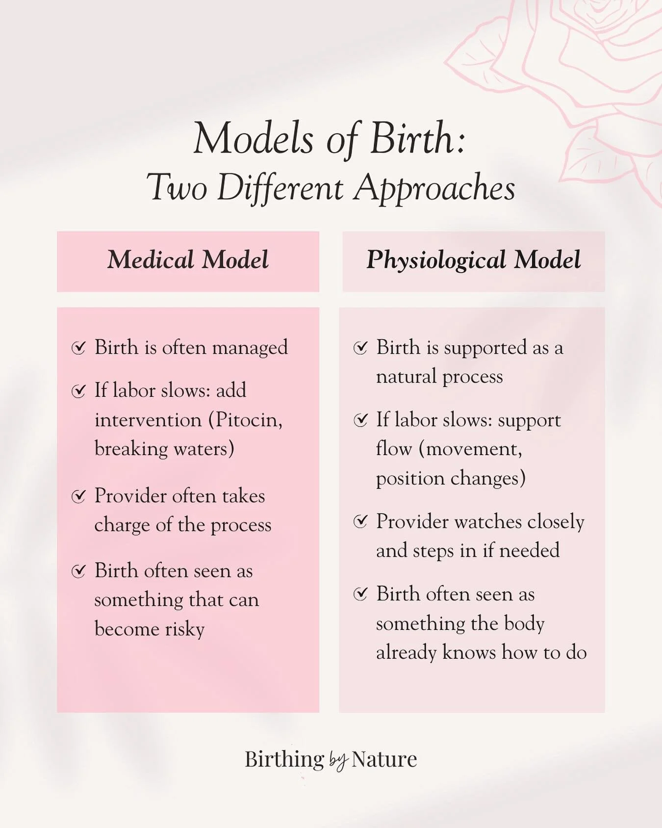 The way your provider sees birth can shape the kind of care you&rsquo;ll get. Most of the time, it comes down to two main ways people think about birth: the medical model and the physiological model.

Putting them side by side isn&rsquo;t about sayin