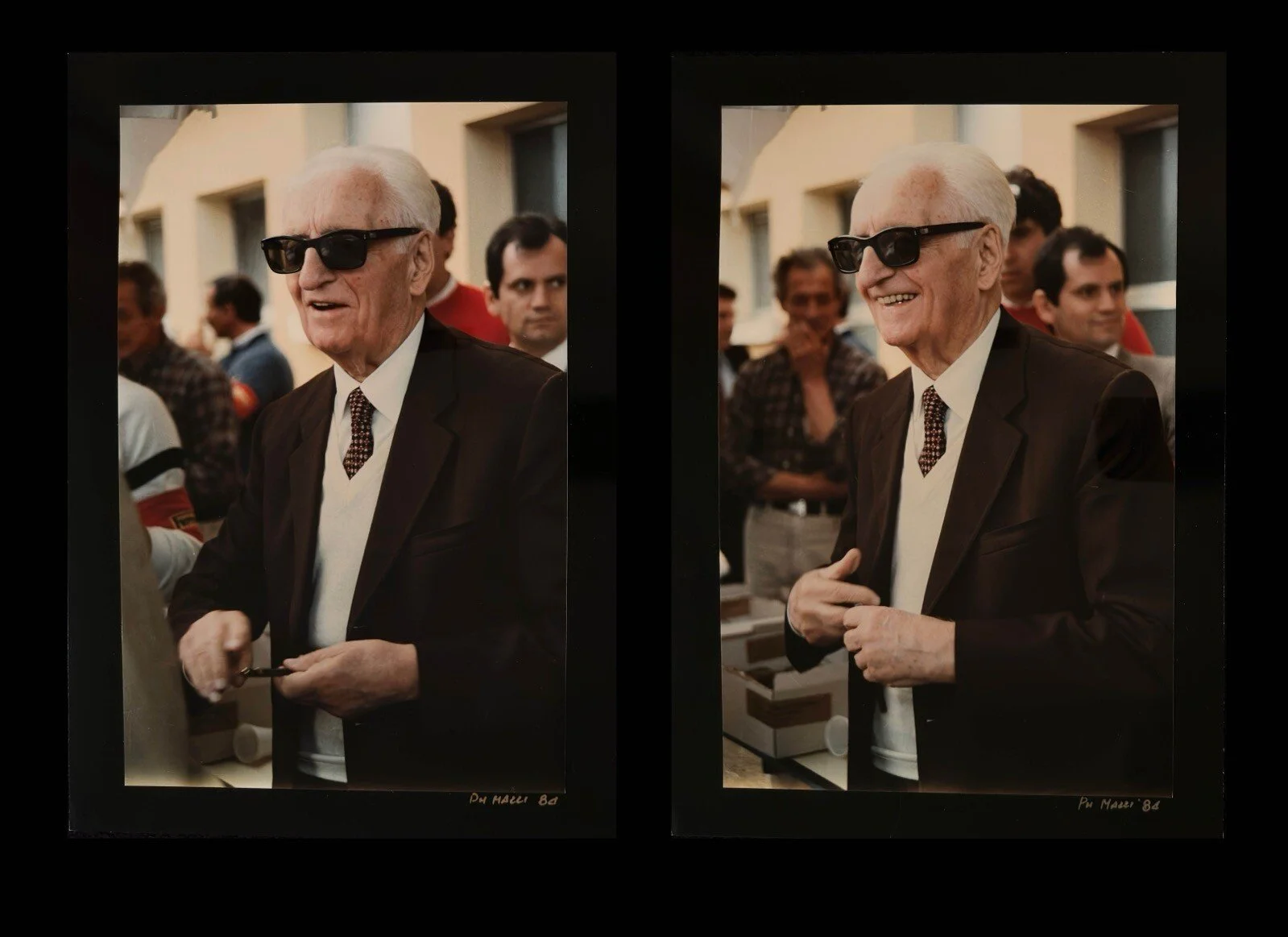 Two 8" x 11 3/4" P.H. Mazzi signed photographs of Enzo Ferrari, at a 1986 Ferrari event in Italy. Exquisite, hand-produced photographs from Mazzi's own darkroom. 