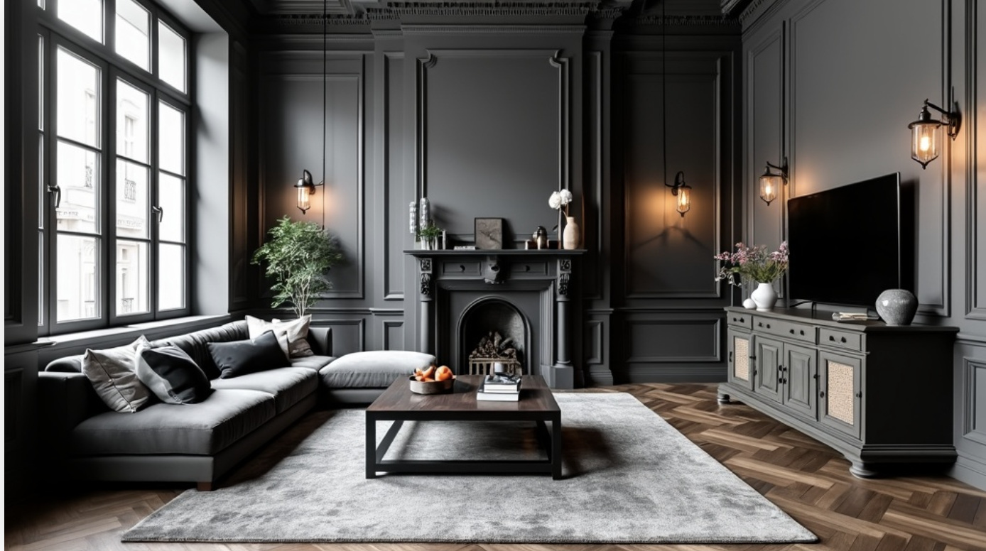 Living room with dark gray paneled walls, a black fireplace, a gray sectional sofa with black and white pillows, a wooden coffee table with a fruit bowl and books, a gray TV console with decor, and a flat-screen television, illuminated by wall sconces and large windows