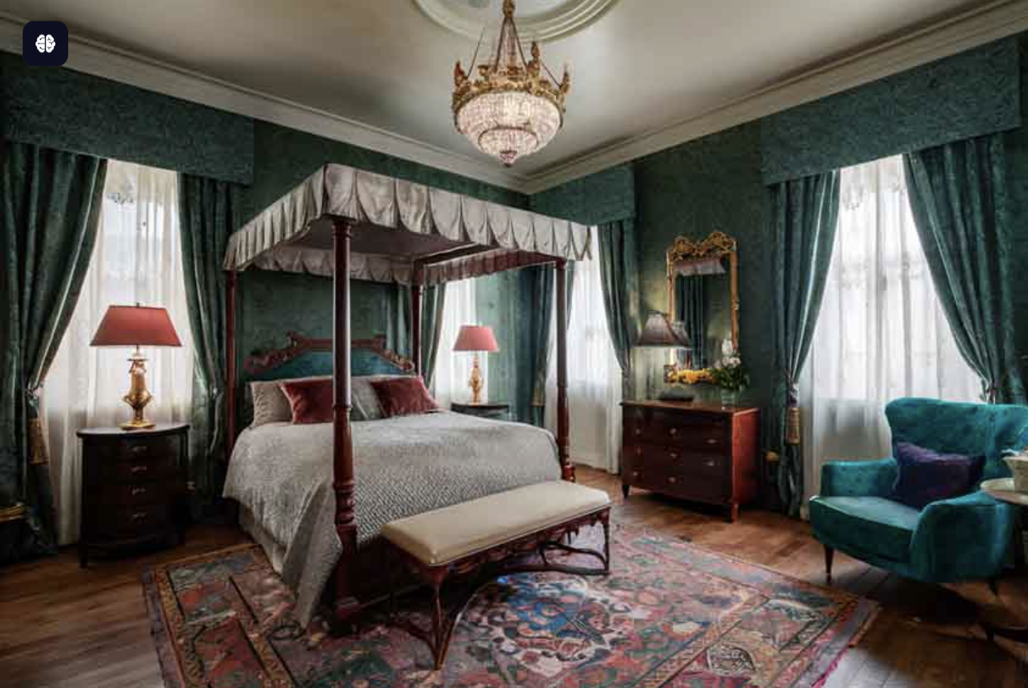 A luxurious bedroom featuring a four-poster bed with canopy, green curtains, a Persian rug, a teal chair, and vintage wooden furniture.