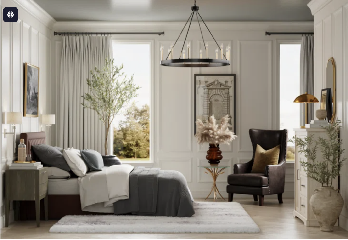 Elegant bedroom with large windows, white paneled walls, a bed with gray bedding, black and white pillows, and a beige rug. Decor includes a dark armchair with a gold pillow, a white dresser with gold accents, a tall green plant, and a round black chandelier.
