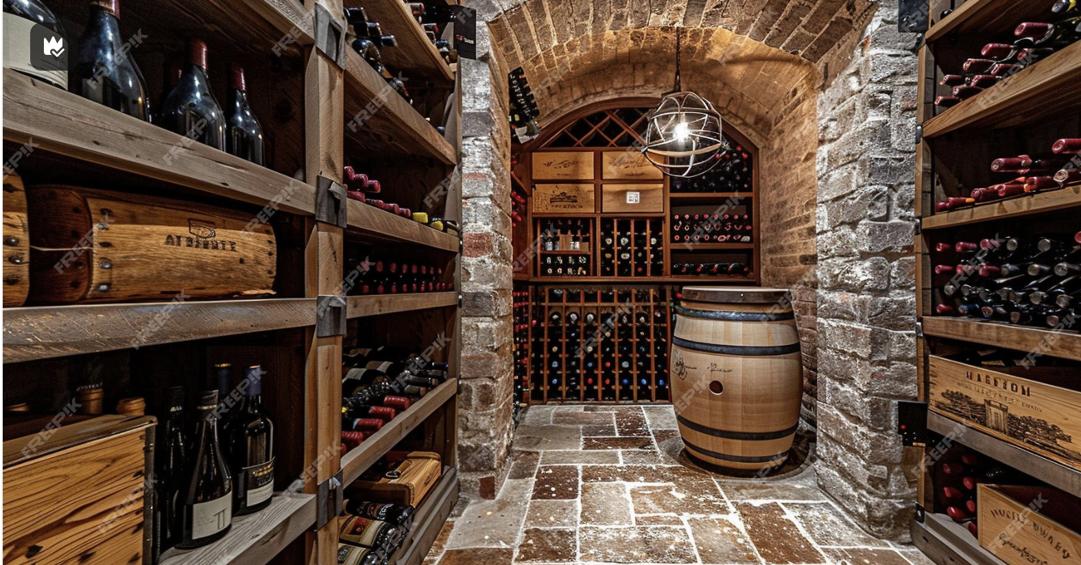 A wine cellar with wooden shelves filled with wine bottles, a large wine barrel, stone walls, and tiled floor, illuminated by a hanging light fixture.