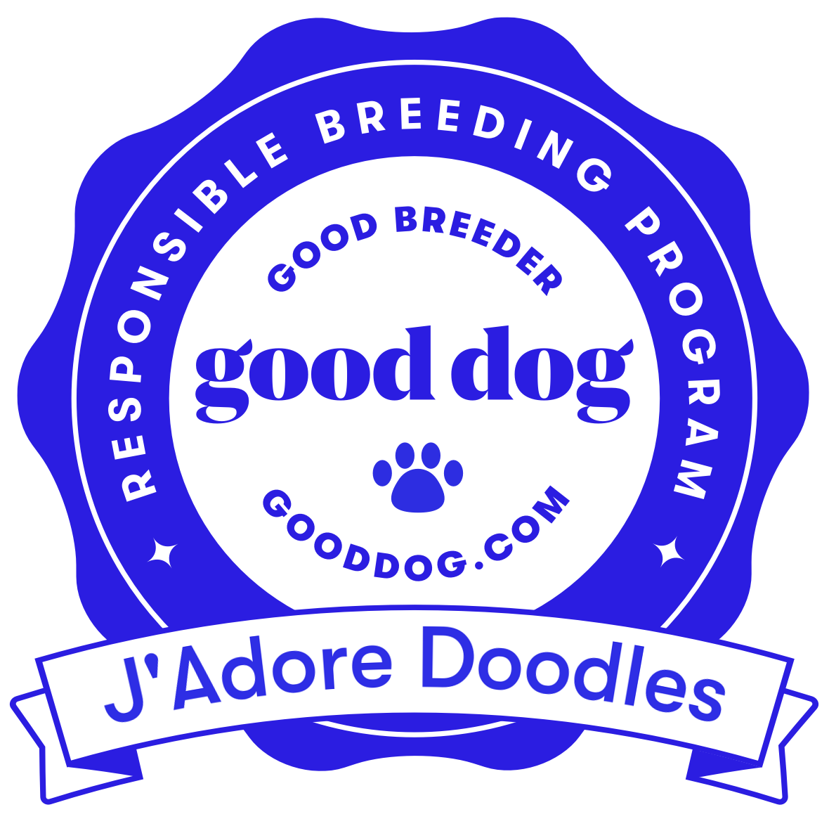 Blue and white badge with the text 'Respected Reliable Reputable Program', 'Good Breeder', and 'Good Dog' along with a paw print and 'gooddog.com' and 'J'Adore Doodles' banner.