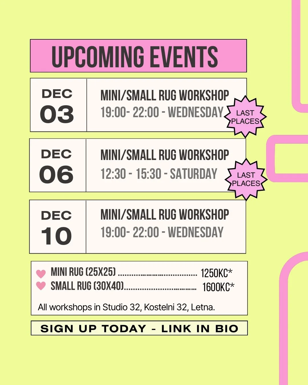 Upcoming December / January sessions + gift vouchers season! 💖

Get your tickets now on tuftingprague.com ✨

#tuftingprague #workshopsprague