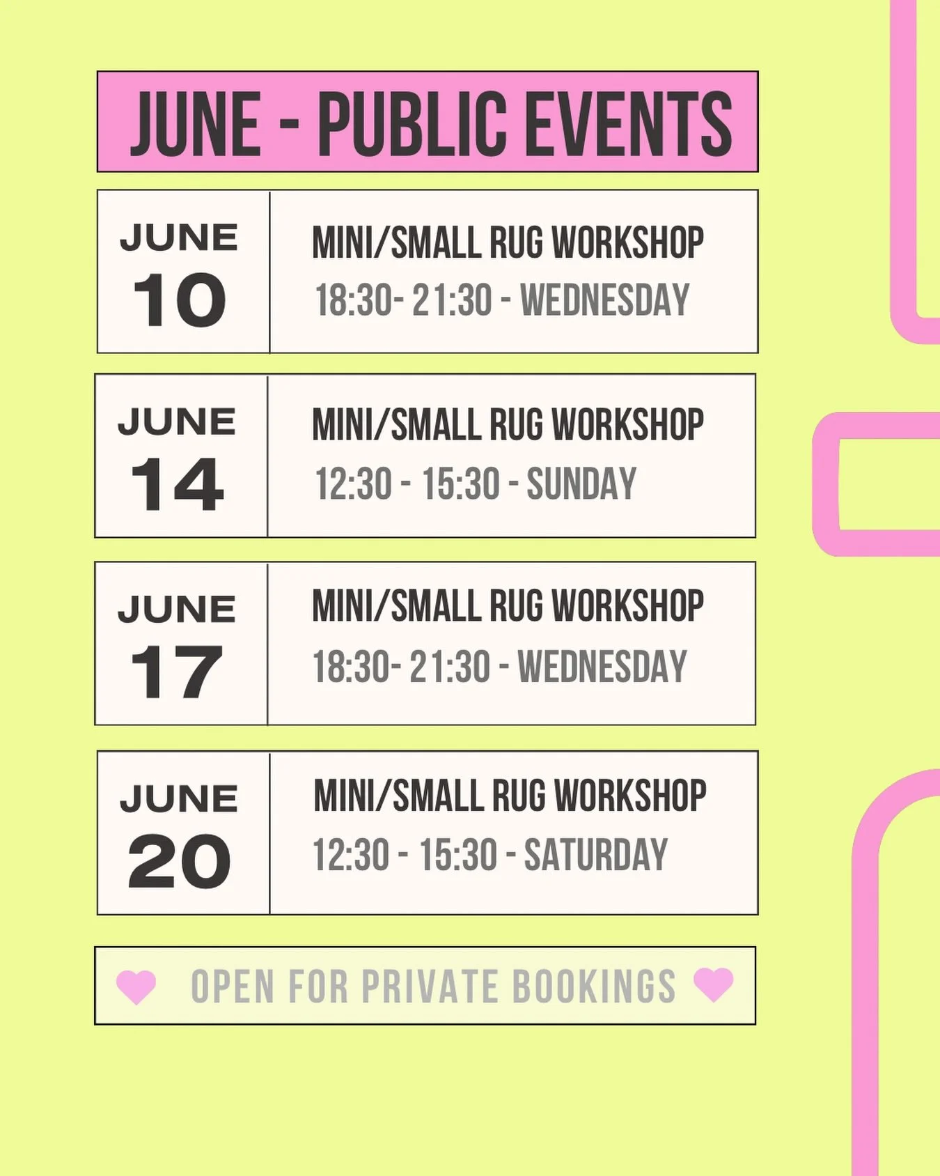 Your June plans just got cuter 🩷 Four chances to make your own mini rug this month, grab your spot before they&rsquo;re gone! Tag a friend you&rsquo;d want to bring along! 👯 Private bookings for groups of 6(+) also open 💌#tuftingprague #tufting #p