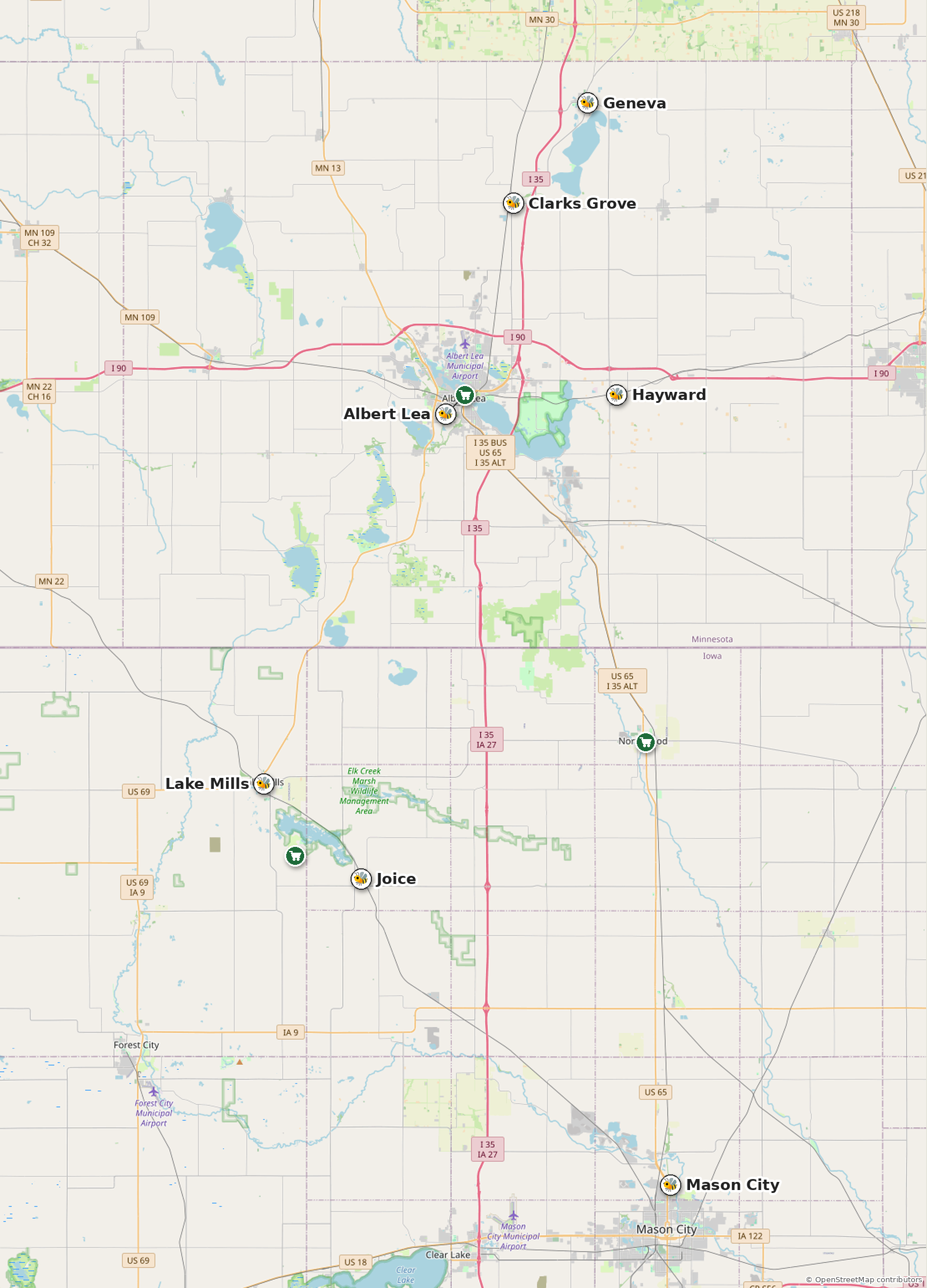 Map of The Honey Smith apiaries and where to buy honey around Albert Lea, MN and Lake Mills, IA