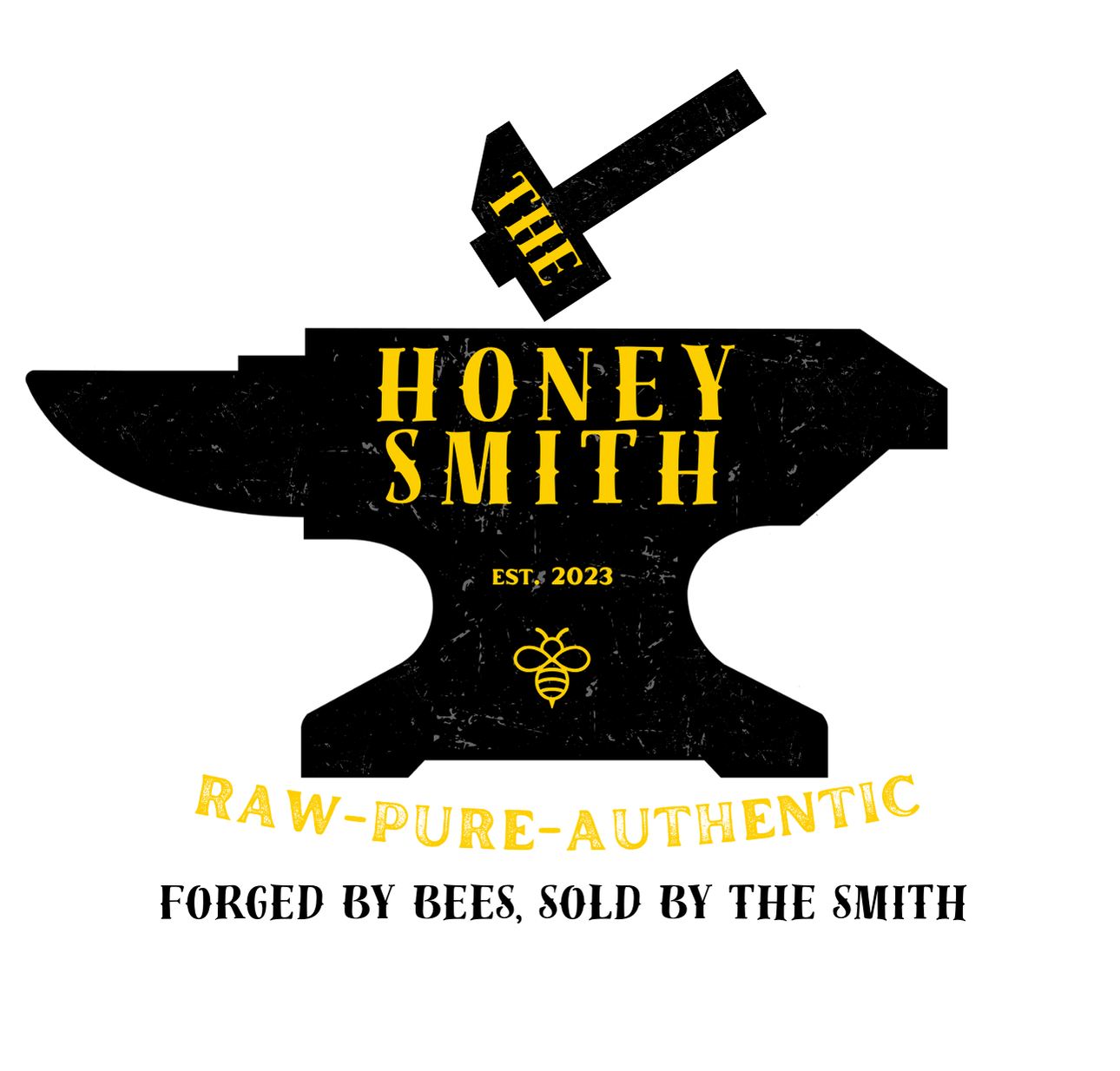 Logo of The Honey Smith featuring a black background with yellow text and a bee illustration. The text reads "THE HONEY SMITH Est. 2023" and "RAW-PURE-AUTHENTIC."