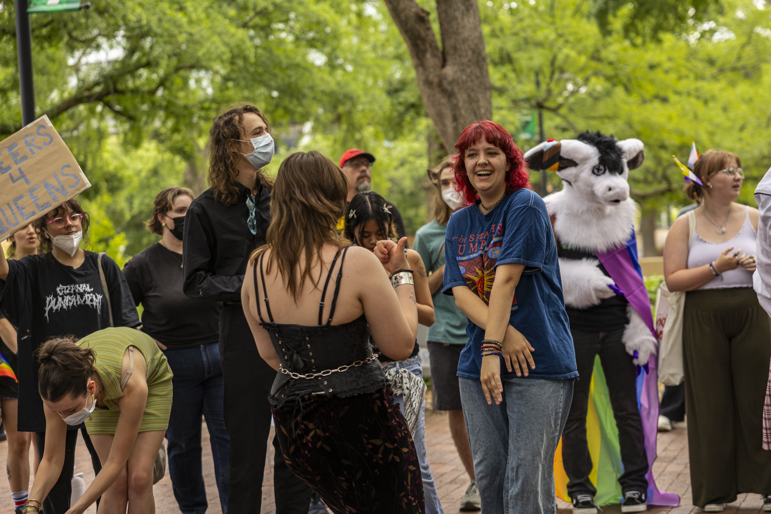 After hours of protesting, attendees got together and danced around to the song “HOT TO GO!” by Chappell Roan after the UNT Protest for Drag that took place on Wednesday, April 23, 2025. After walking around the Hurley Administration Building, the gr