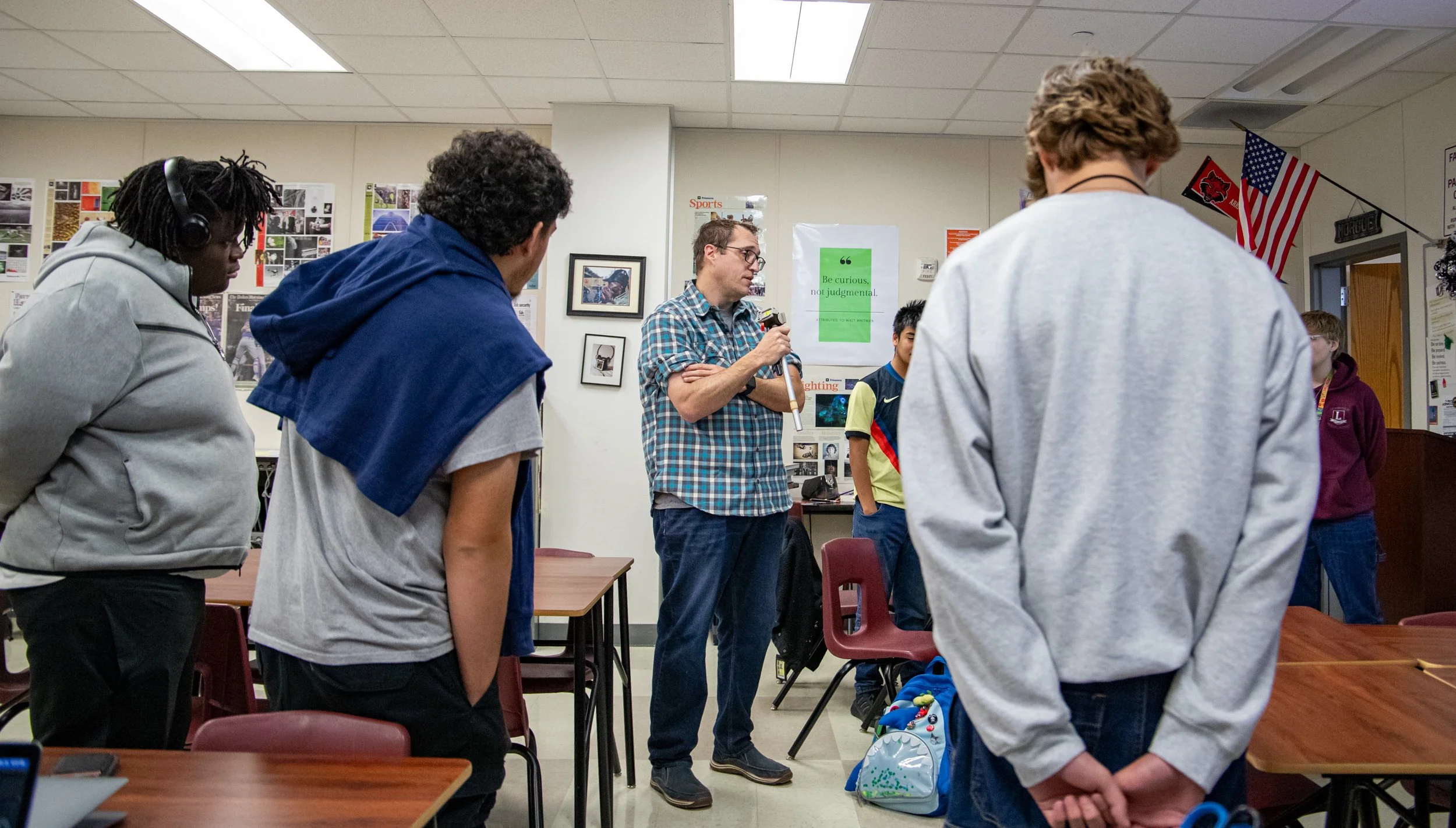 Hale starts the class with his daily “FNR,” which stands for friendship and respect. All his students get together and say one thing they are grateful for before leaving for the break. Hale started doing this with his newspaper class 20+ years ago an