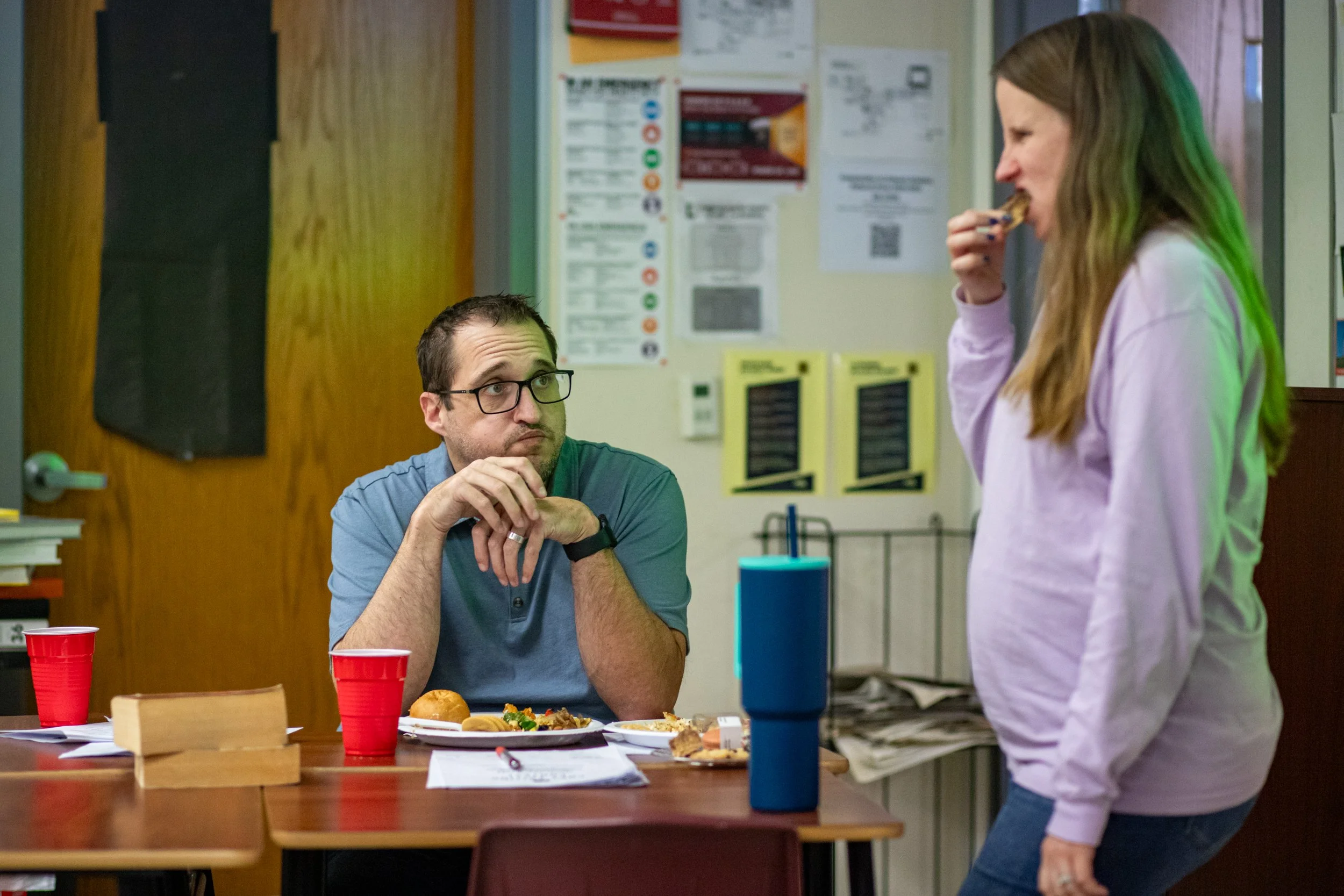 Hale and Pinkham eat together in silence during Hale’s planning period and Pinkham’s passing period before students enter the room. It’s one of the only times when both get together and talk about their day and catch up on life with each other. 