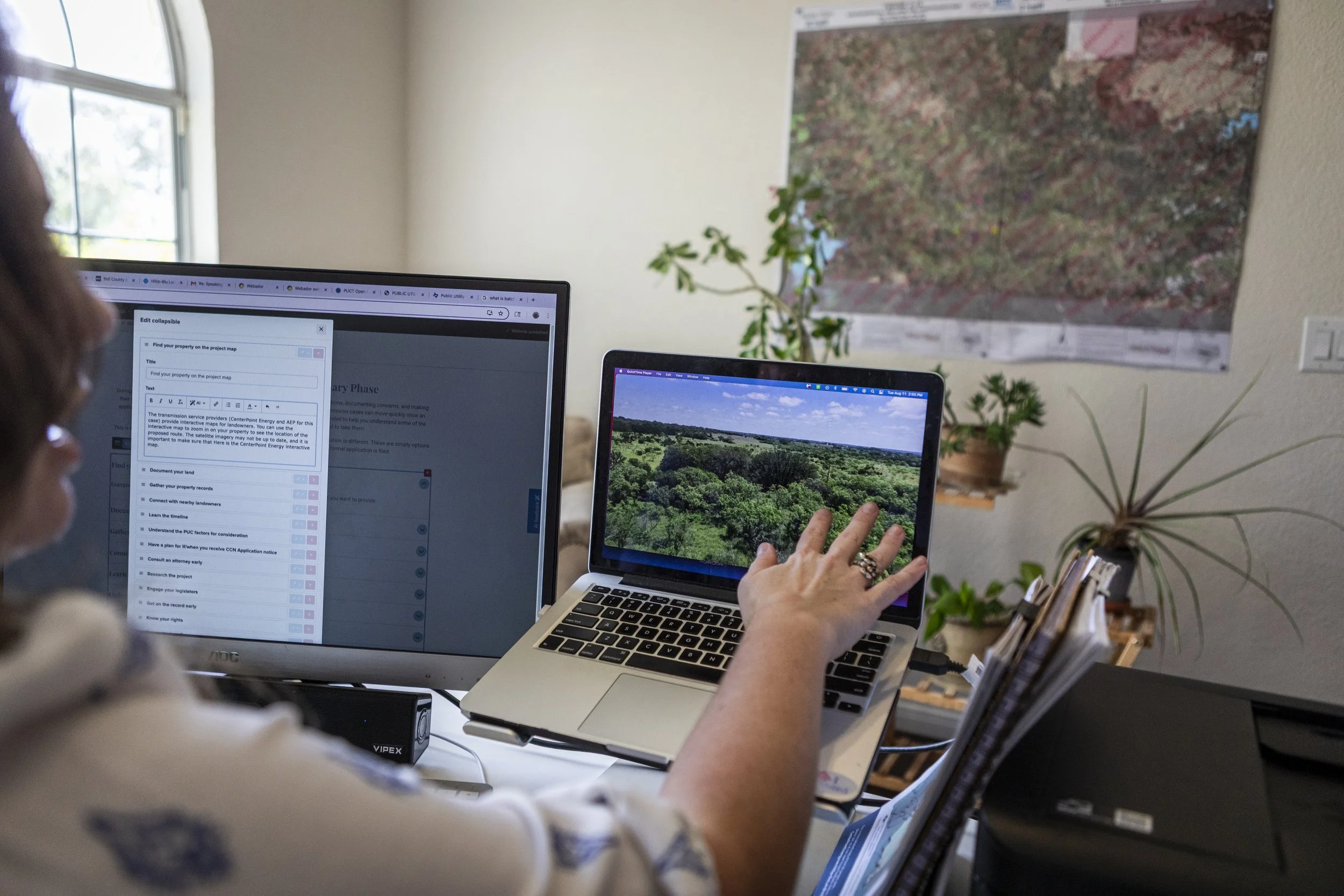 Mia Sarot shows drone footage following where Project 765 could be built, nearly a quarter of a mile from her house in Burnet, TX on Aug. 11, 2026. 