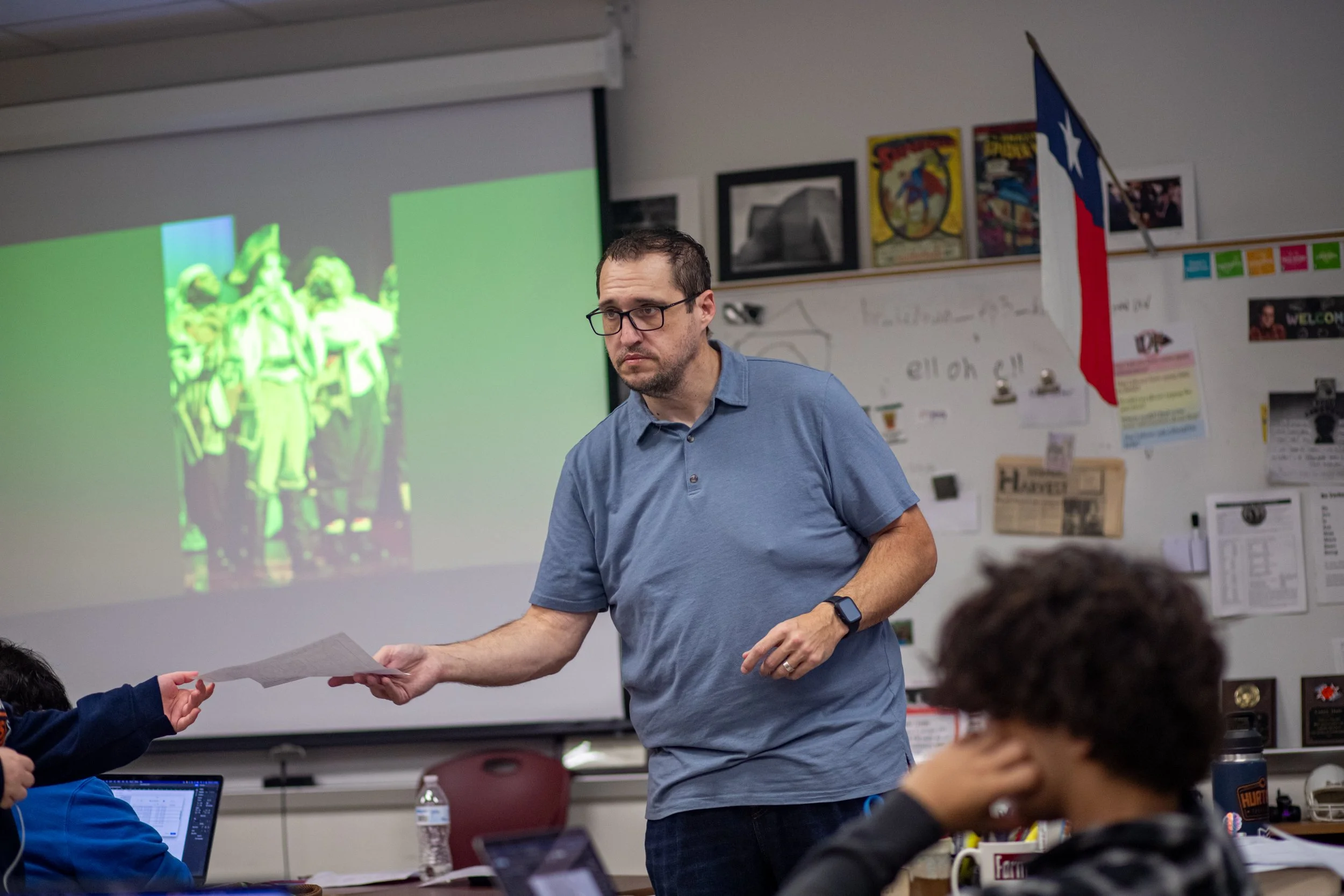 After failing to follow directions, Hale returns a student's yearbook design spread for a lack of effort. Hale said, “Some students didn’t even try” and “don’t want to do anything,” but they are still put in his class with no way out. 