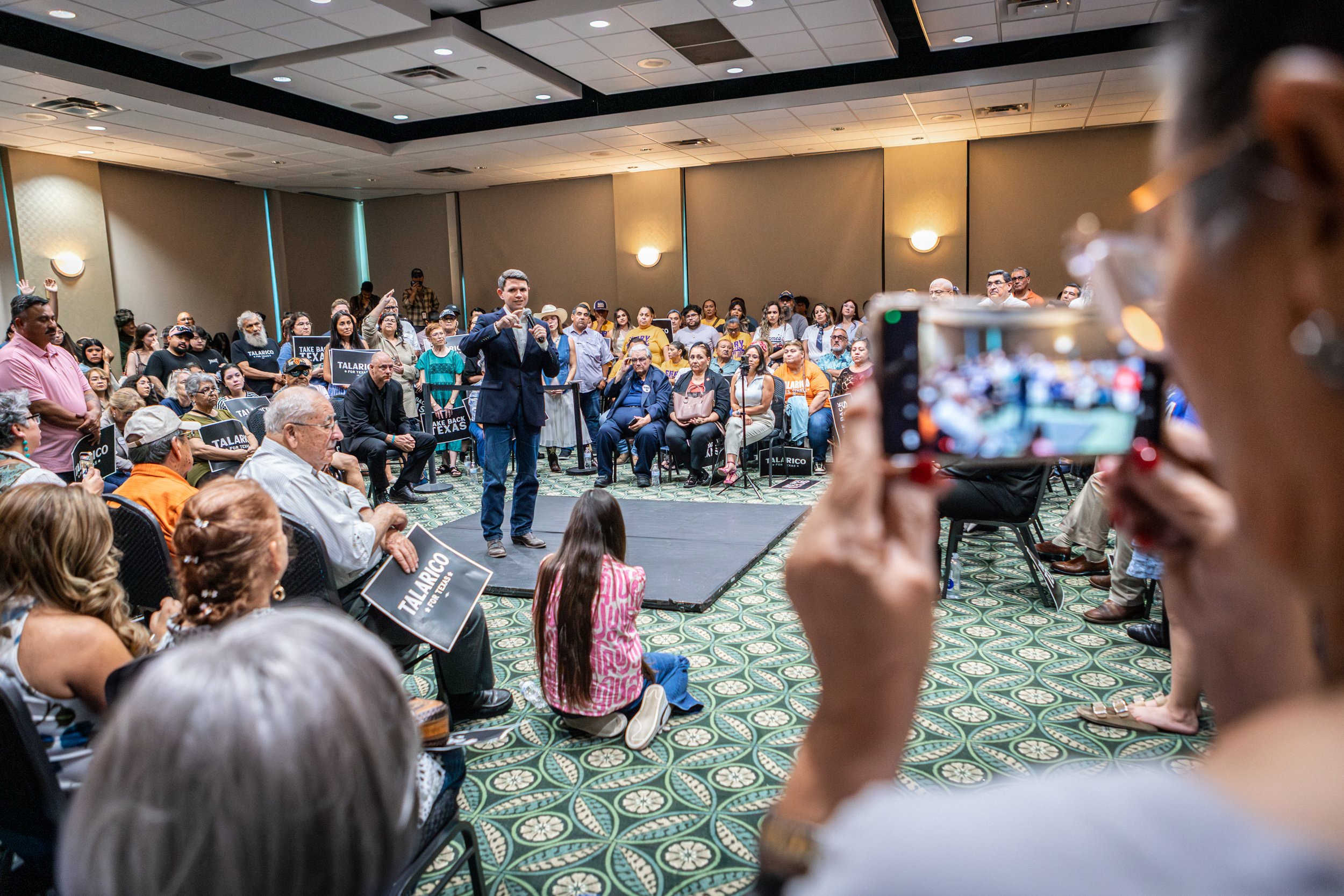 State Rep. James Talarico speaks during a town hall meeting at the International Center for Trade in Eagle Pass, TX, on July 13, 2026.