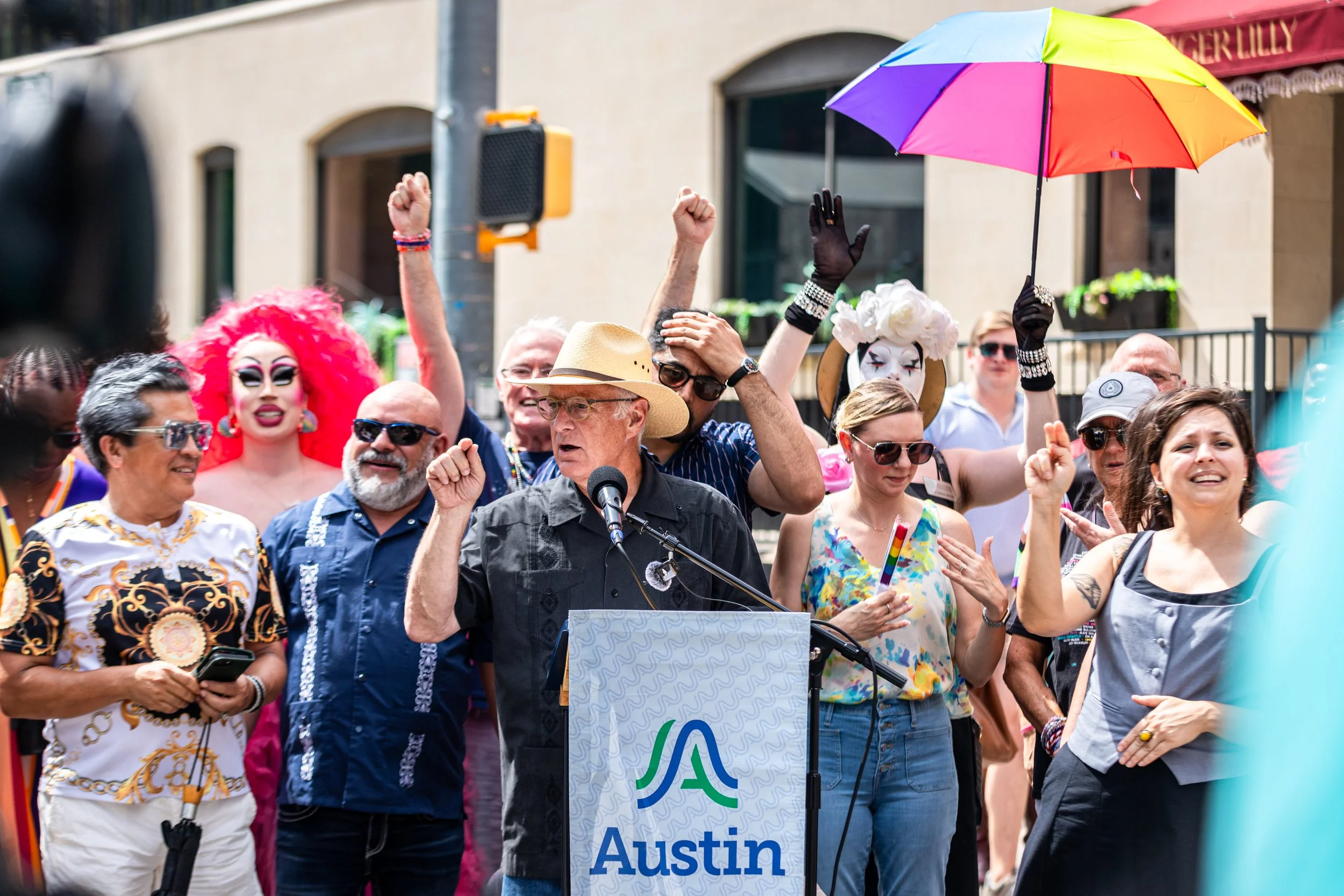 Austin Mayor Kirk Watson gives a speech on what the city means to the public during the mural installation on 4th Street on June 20, 2026, in downtown Austin, TX. 