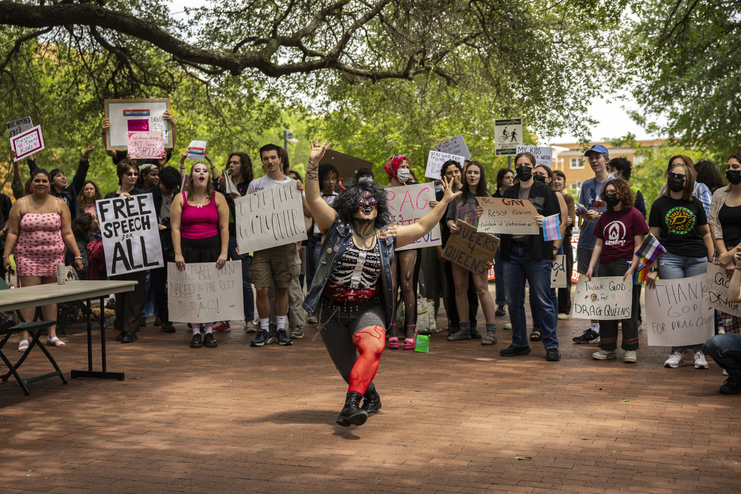 A performer by the name “Allen Vesta Gator” dances in the middle of a circle of the UNT Protest for Drag that took place on Wednesday, April 23, 2025. Allen Vesta Gator gained a lot of attention from the crowd.