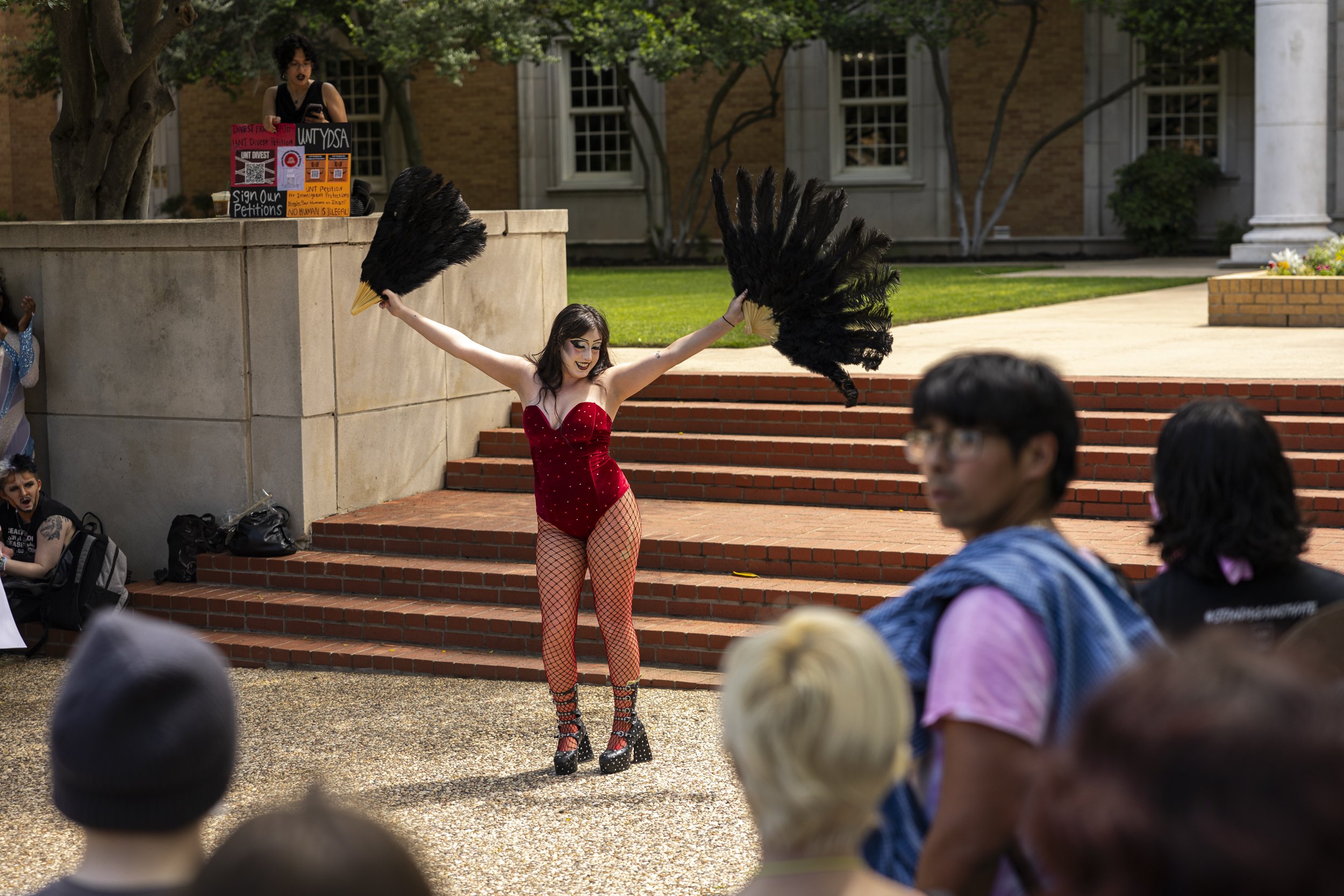 Drag queen Lex Doll performs in front of the Hurley Administration Building during the UNT Protest for Drag that took place on Wednesday, April 23, 2025. Lex Doll was the last one of five performers at the protest.