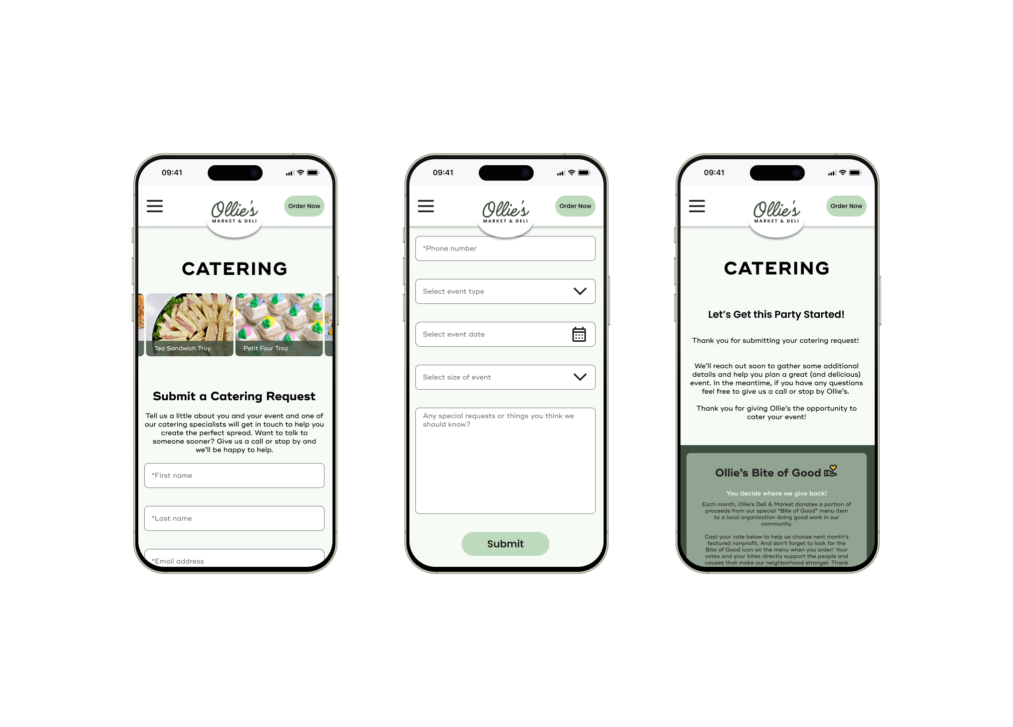 Catering inquiry form and submission confirmation page