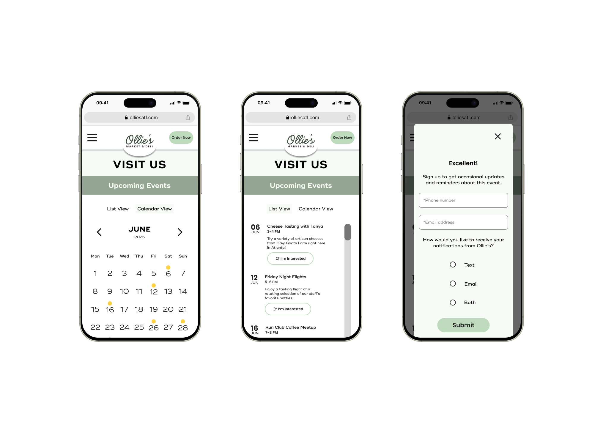 For the mobile Visit Us page users can toggle between list and calendar views. Button drives to event notifications signup form.