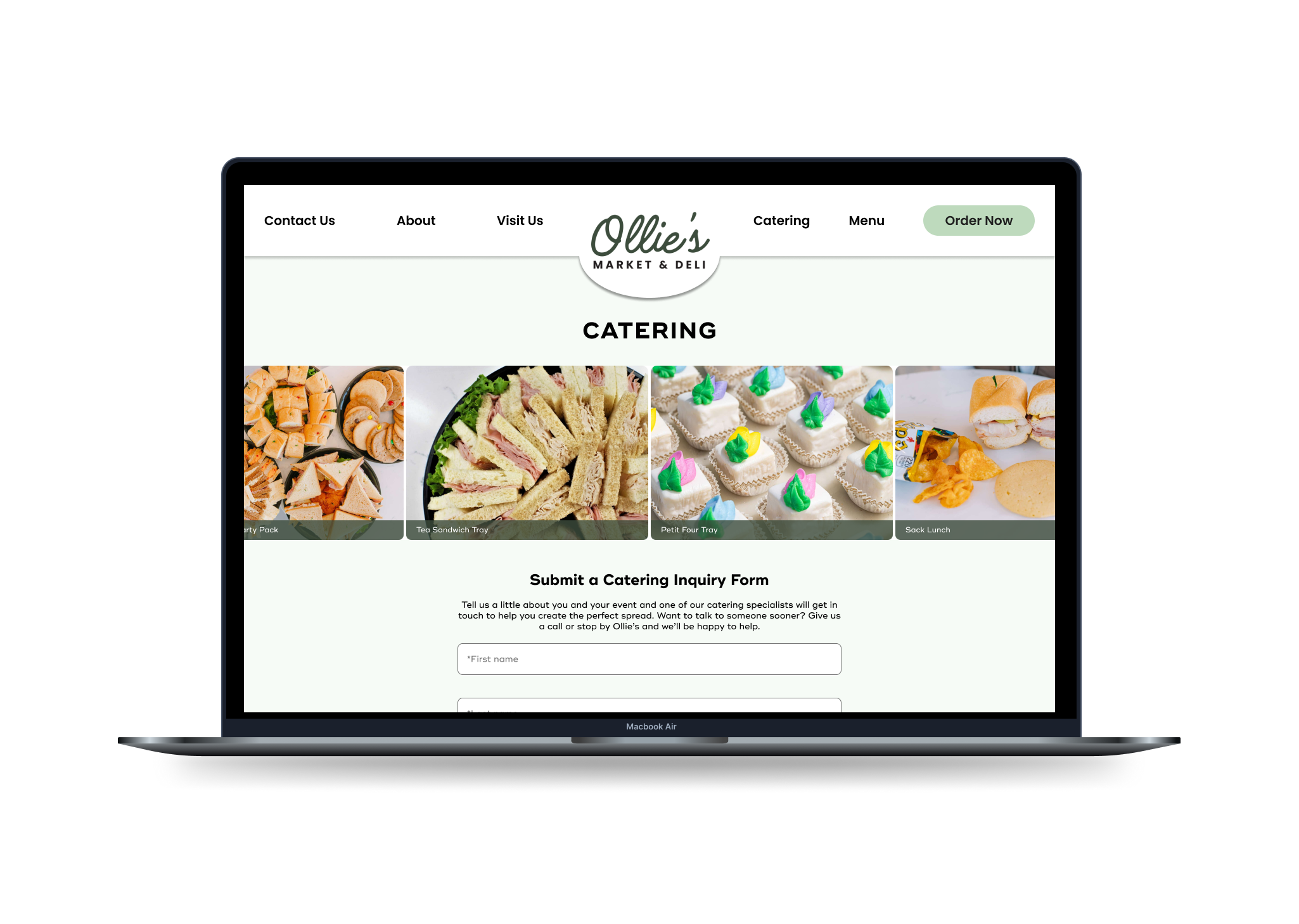 Catering page with inquiry form
