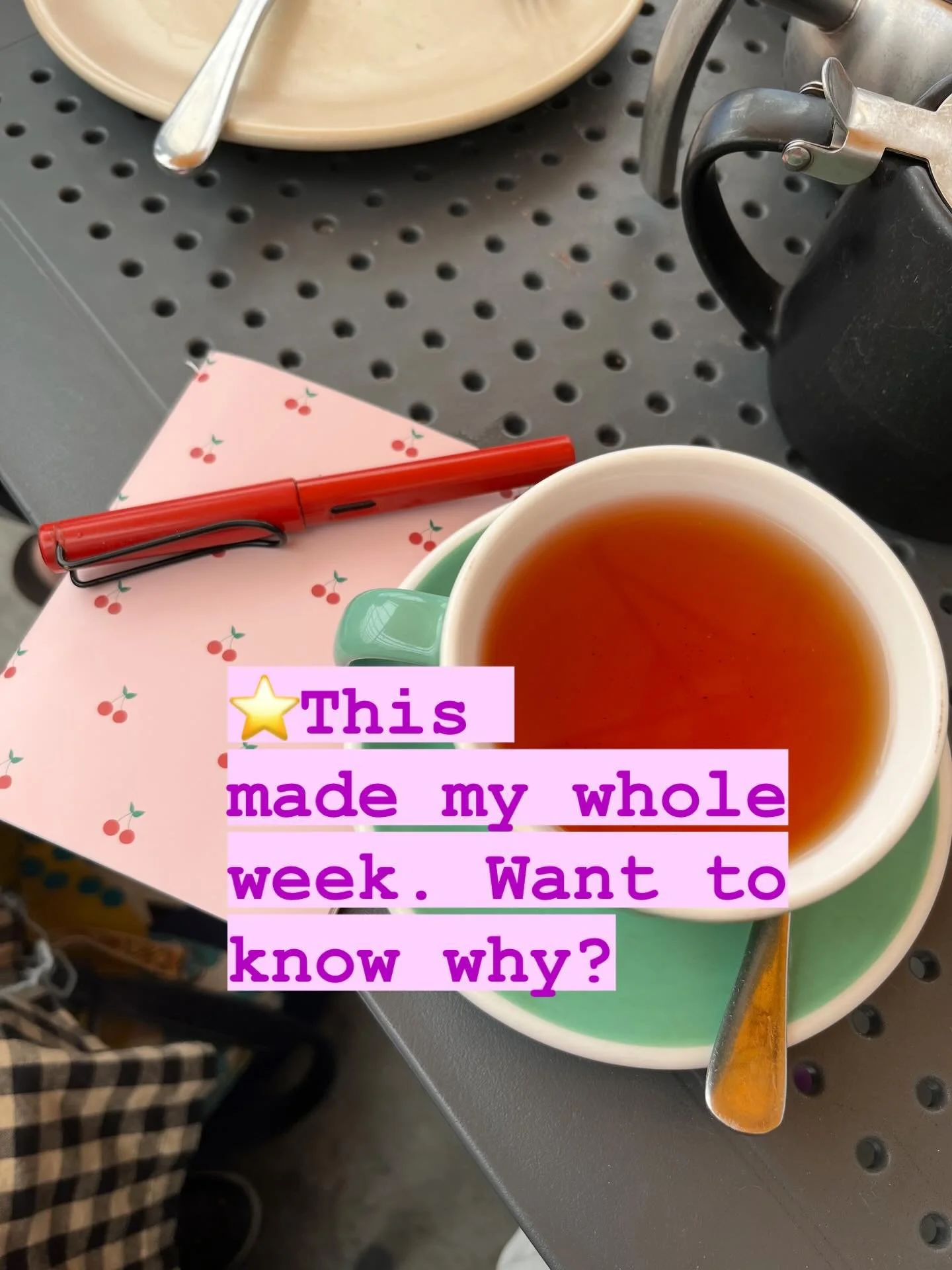 During my Creating Joy workshop last Wednesday, I gave every participant a little joy journals. 
 Today, I randomly spotted one of them out in the wild. 

Being used in a caf&eacute; &mdash; tea, pen, real life.
And &hellip; it just made me SO happy.