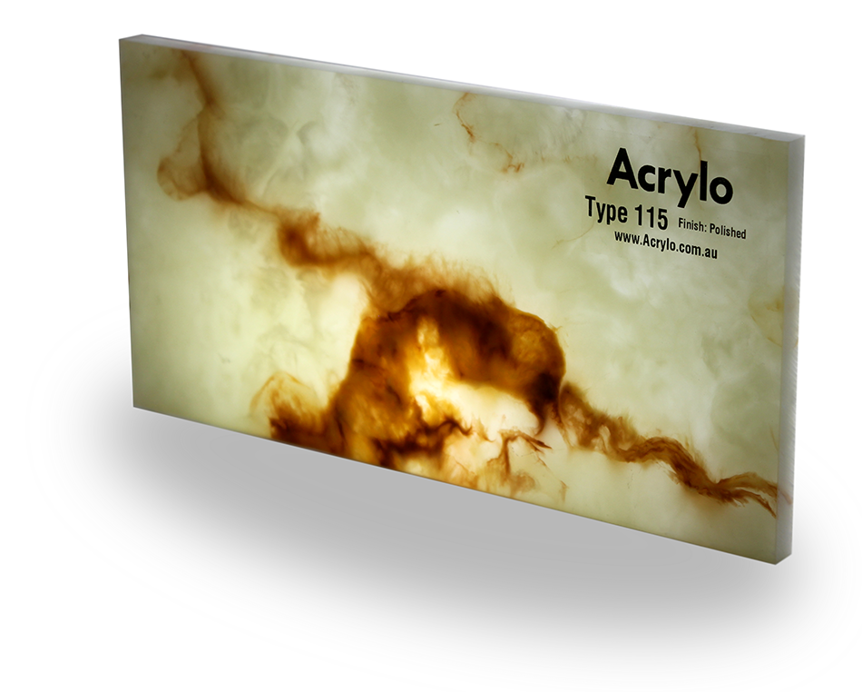 A rectangular acrylic panel with a cloudy, marble-like pattern in shades of brown and cream, labeled with product details.