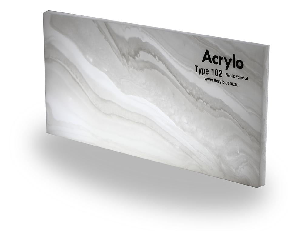 A polished acrylic sample with a white and gray marble-like pattern, labeled as 'Acrylic Type 102' with a website link.