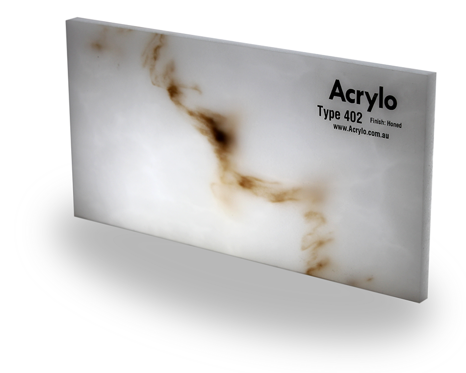 A sheet of acrylic with a white and brown marbled pattern, labeled with the brand 'Acrylo', type 402, honed finish, and website 'www.Acrylo.com.au'.