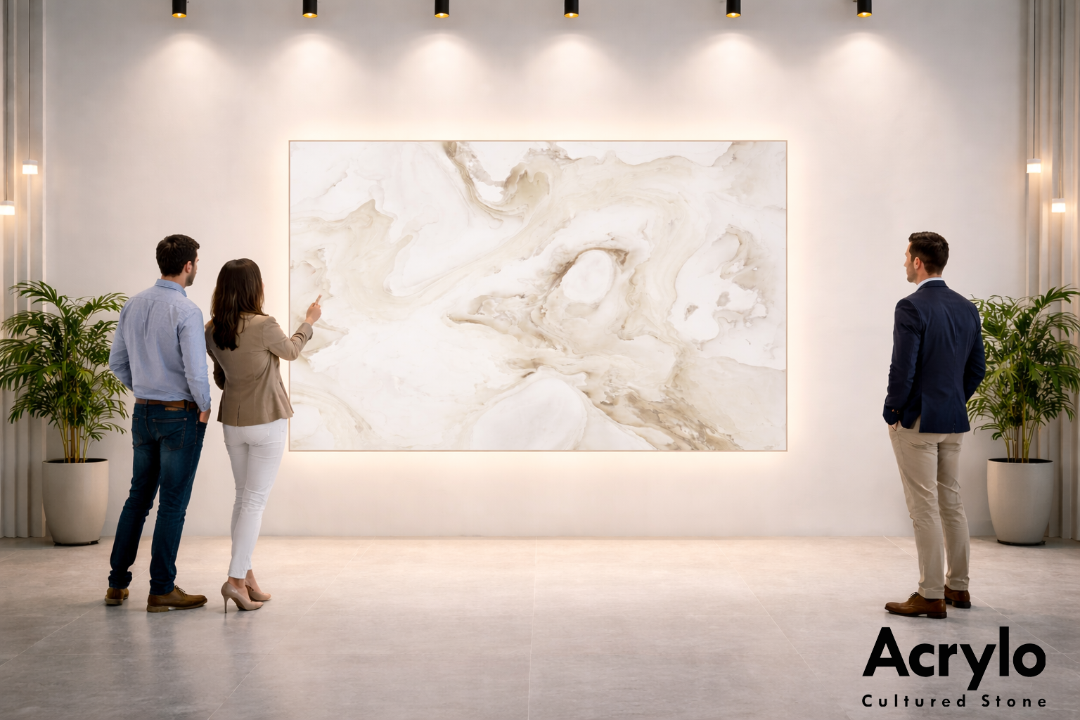 Three people viewing a large abstract marble-patterned artwork in an art gallery, with two potted plants on either side and soft overhead lighting.