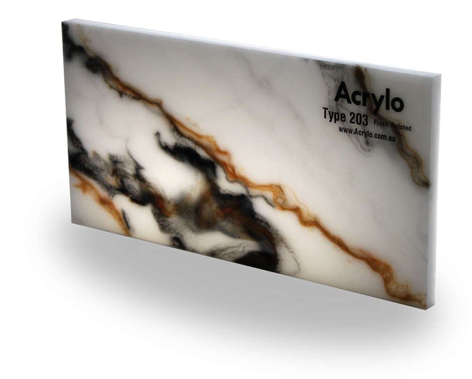 Marble slab with black, white, and brown veining, labeled 'Acrylo Type 203' with website URL 'www.Acrylo.com.au'.