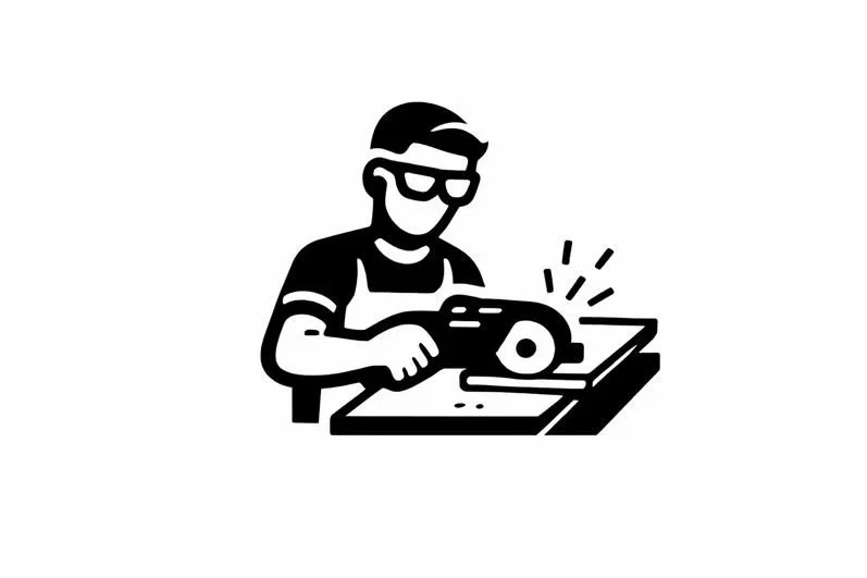 Silhouette of a man wearing glasses and an apron, operating a circular saw on a work table.